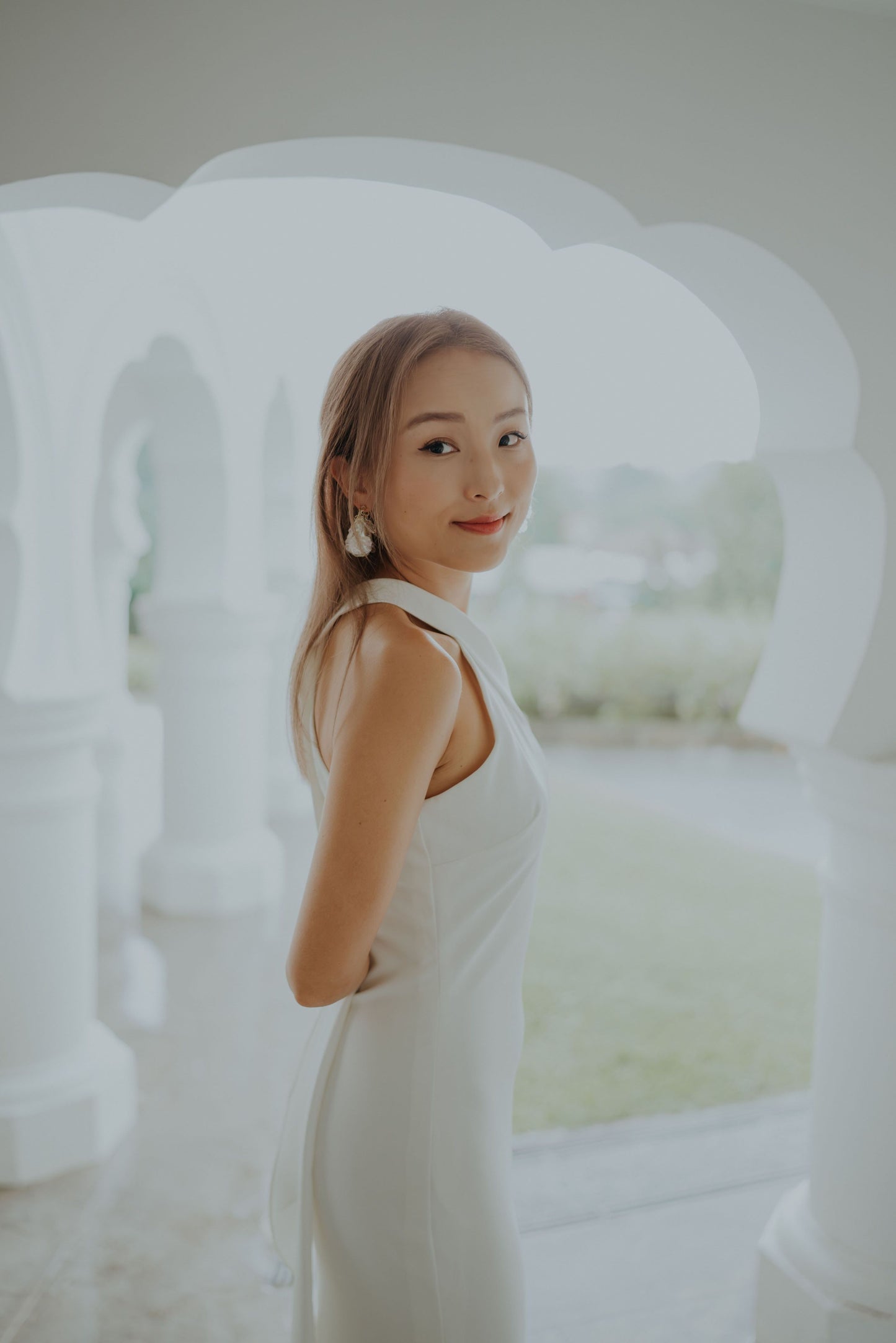 Anna Halter Crepe Column Wedding Dress with Long Drapes | Bone and Grey Bridal | Affordable minimal wedding dresses online Canada USA Singapore