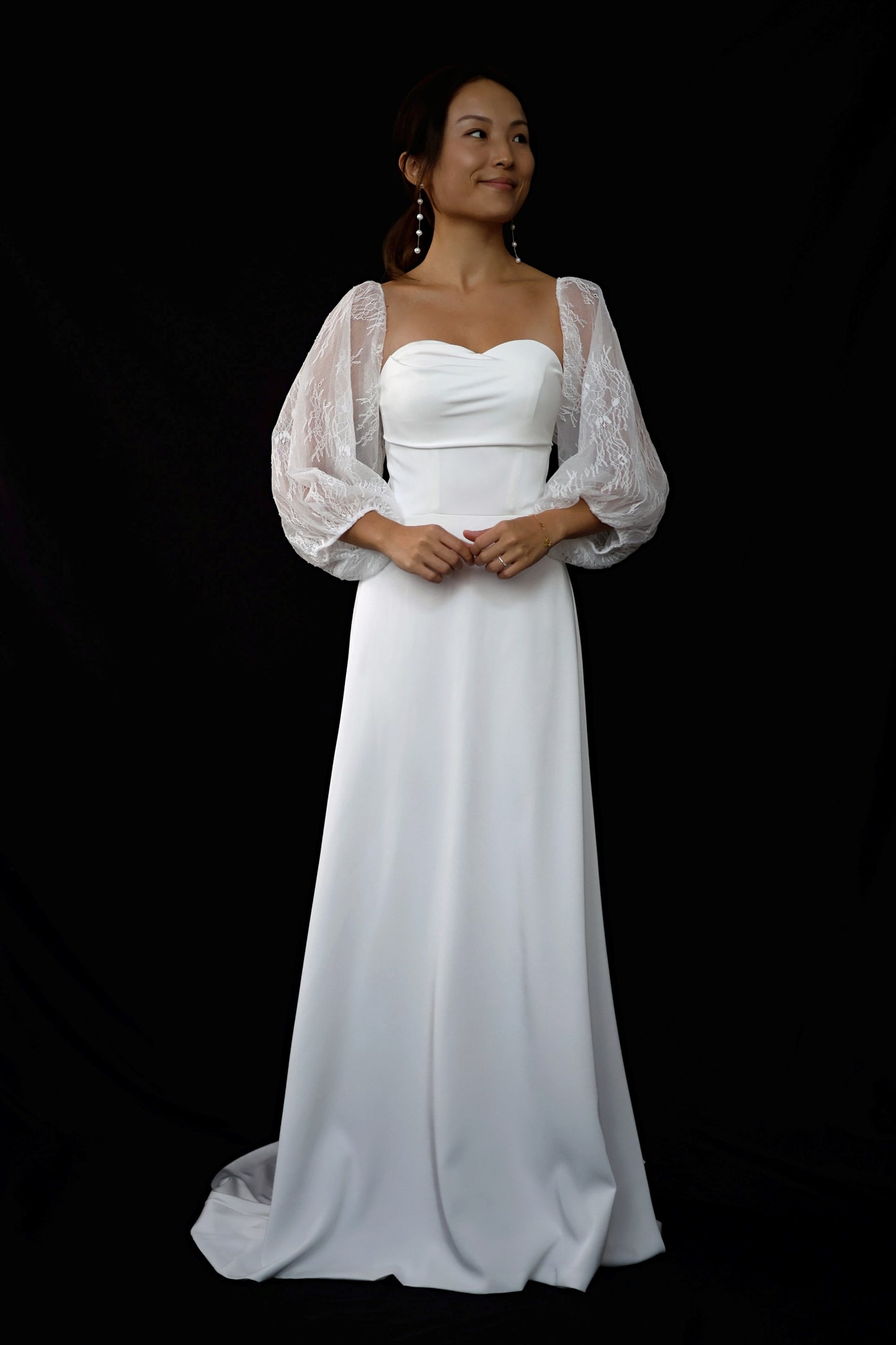 Keyle Bohemian Strapless Crepe Mini A-Line Column Wedding Dress with Lace Puffy Long Sleeves | Bone and Grey Bridal | Affordable Minimal Simple Bridal Gowns Online Canada USA Singapore