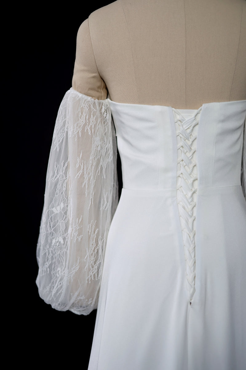 Keyle Bohemian Strapless Crepe Mini A-Line Column Wedding Dress with Lace Puffy Long Sleeves | Bone and Grey Bridal | Affordable Minimal Simple Bridal Gowns Online Canada USA Singapore