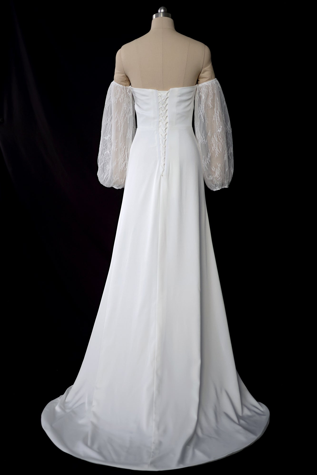 Keyle Bohemian Strapless Crepe Mini A-Line Column Wedding Dress with Lace Puffy Long Sleeves | Bone and Grey Bridal | Affordable Minimal Simple Bridal Gowns Online Canada USA Singapore
