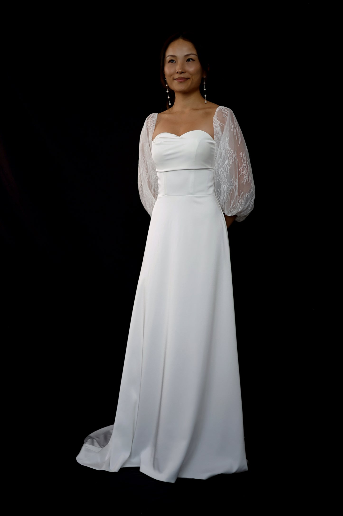 Keyle Bohemian Strapless Crepe Mini A-Line Column Wedding Dress with Lace Puffy Long Sleeves | Bone and Grey Bridal | Affordable Minimal Simple Bridal Gowns Online Canada USA Singapore