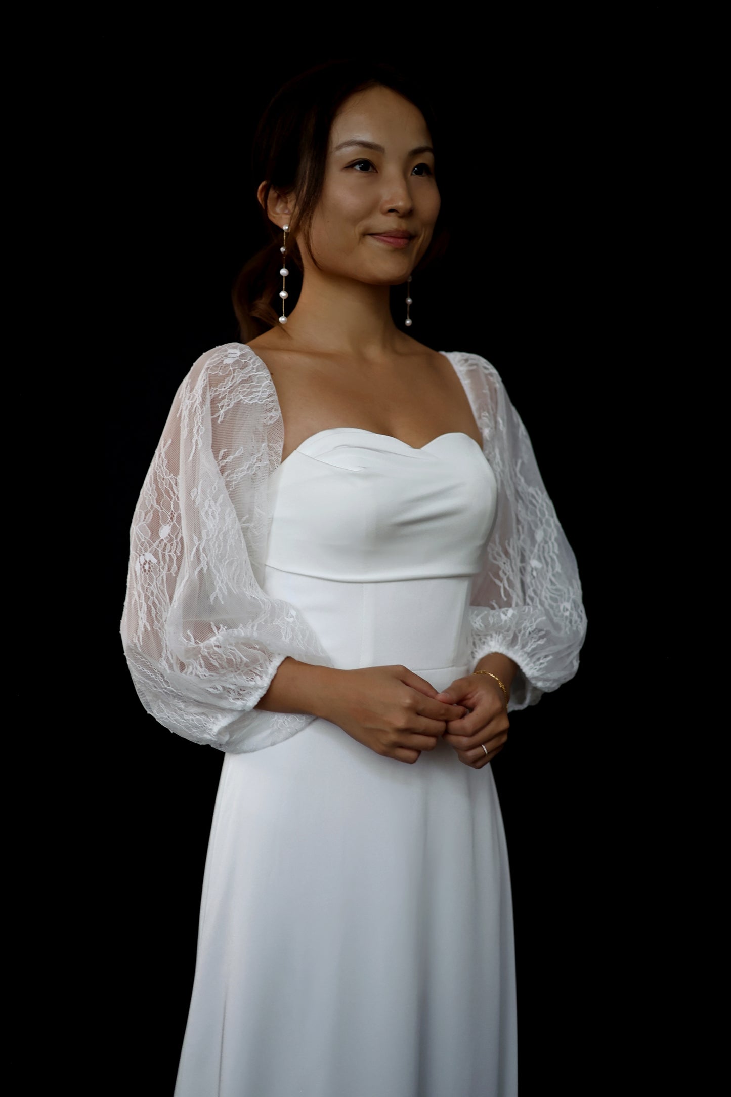 Keyle Bohemian Strapless Crepe Mini A-Line Column Wedding Dress with Lace Puffy Long Sleeves | Bone and Grey Bridal | Affordable Minimal Simple Bridal Gowns Online Canada USA Singapore
