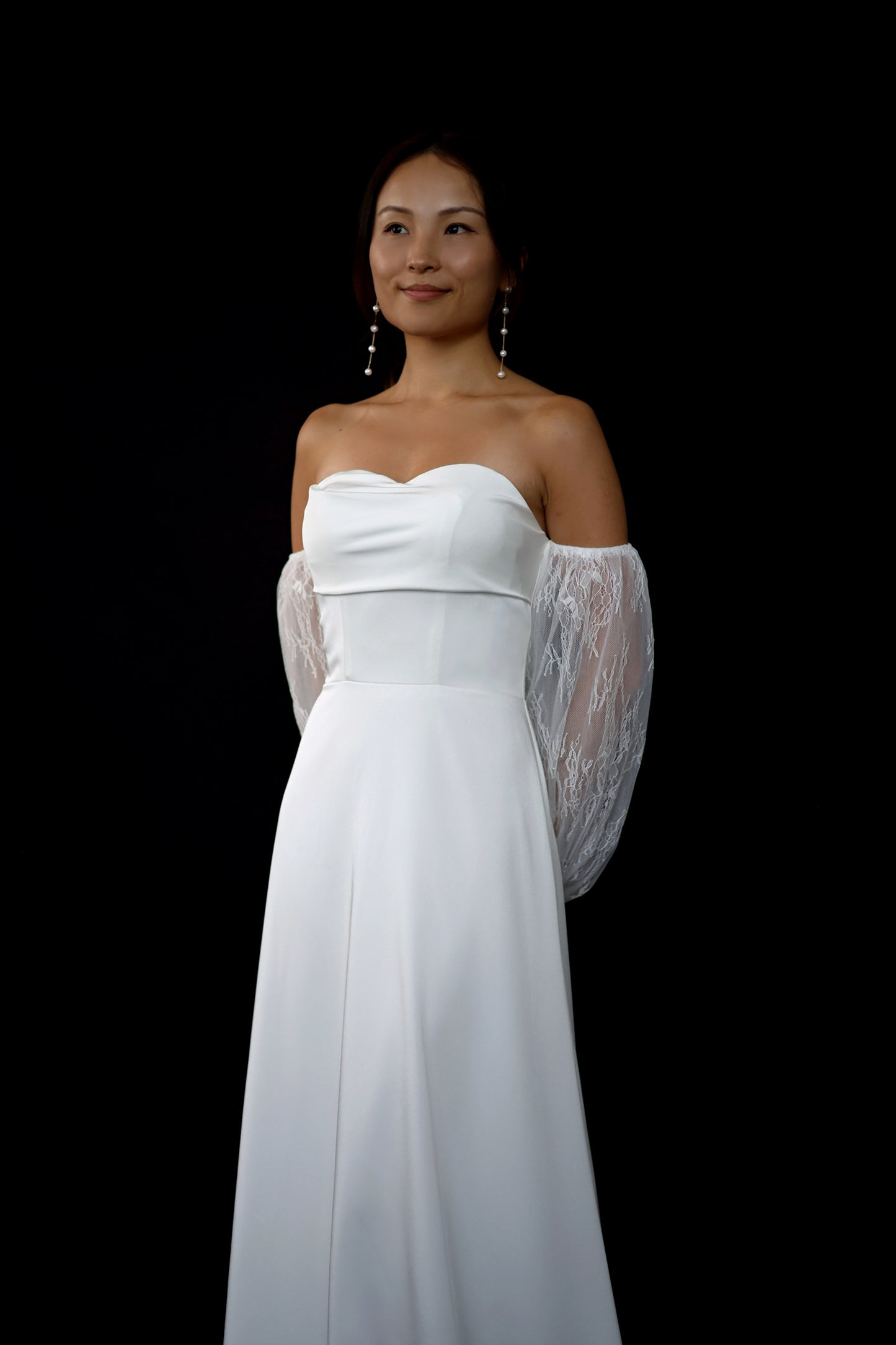 Keyle Bohemian Strapless Crepe Mini A-Line Column Wedding Dress with Lace Puffy Long Sleeves | Bone and Grey Bridal | Affordable Minimal Simple Bridal Gowns Online Canada USA Singapore