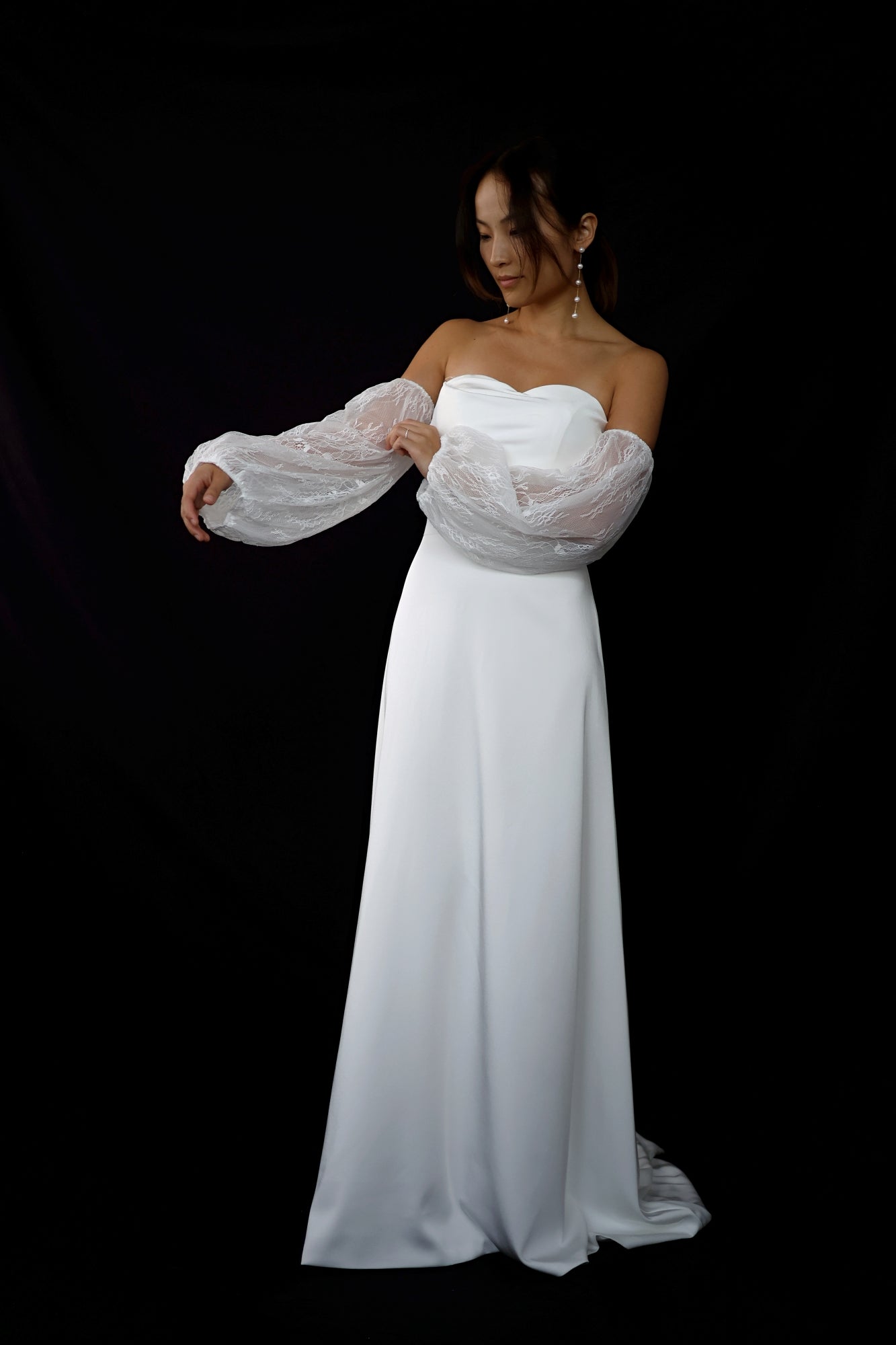 Keyle Bohemian Strapless Crepe Mini A-Line Column Wedding Dress with Lace Puffy Long Sleeves | Bone and Grey Bridal | Affordable Minimal Simple Bridal Gowns Online Canada USA Singapore