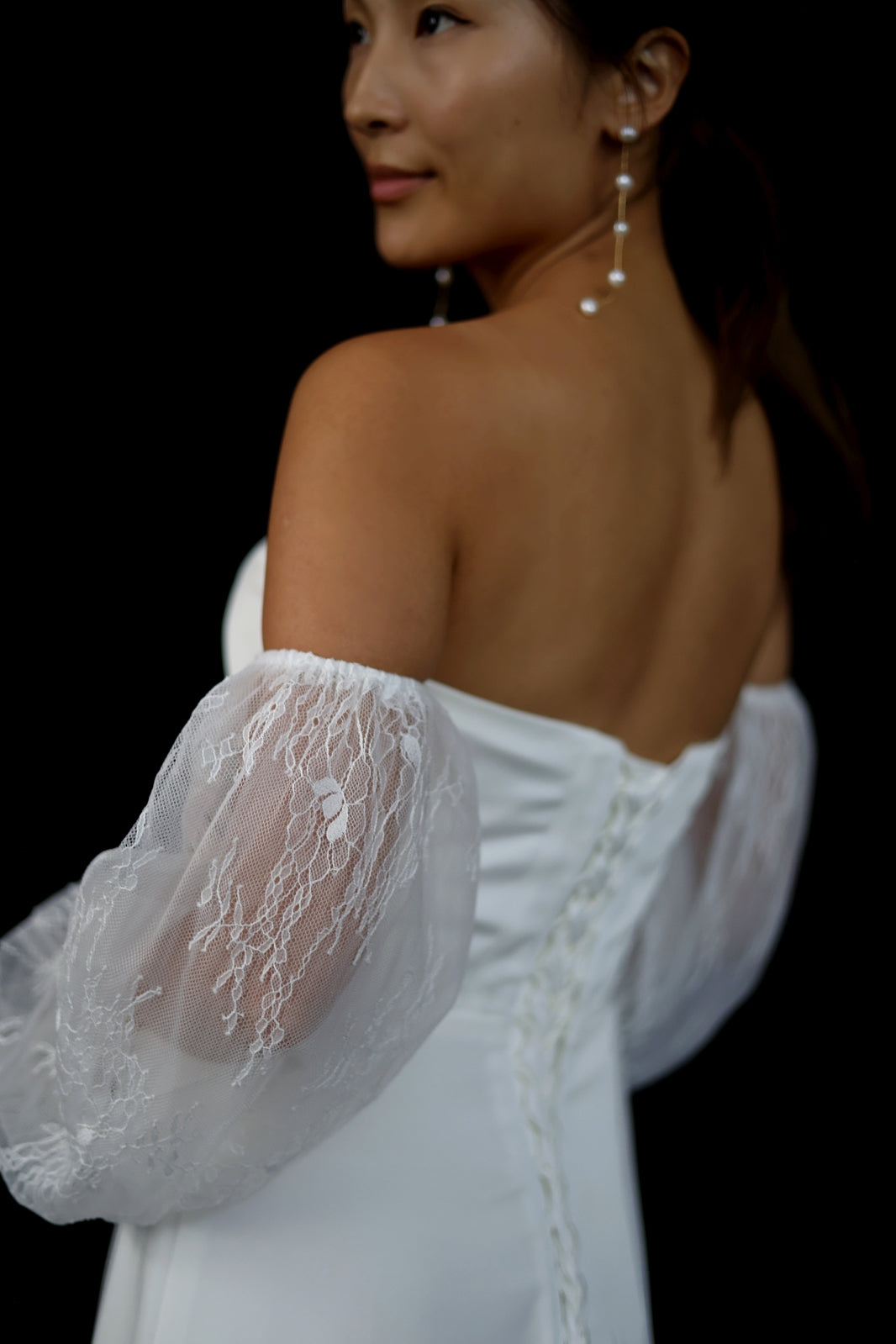 Keyle Bohemian Strapless Crepe Mini A-Line Column Wedding Dress with Lace Puffy Long Sleeves | Bone and Grey Bridal | Affordable Minimal Simple Bridal Gowns Online Canada USA Singapore