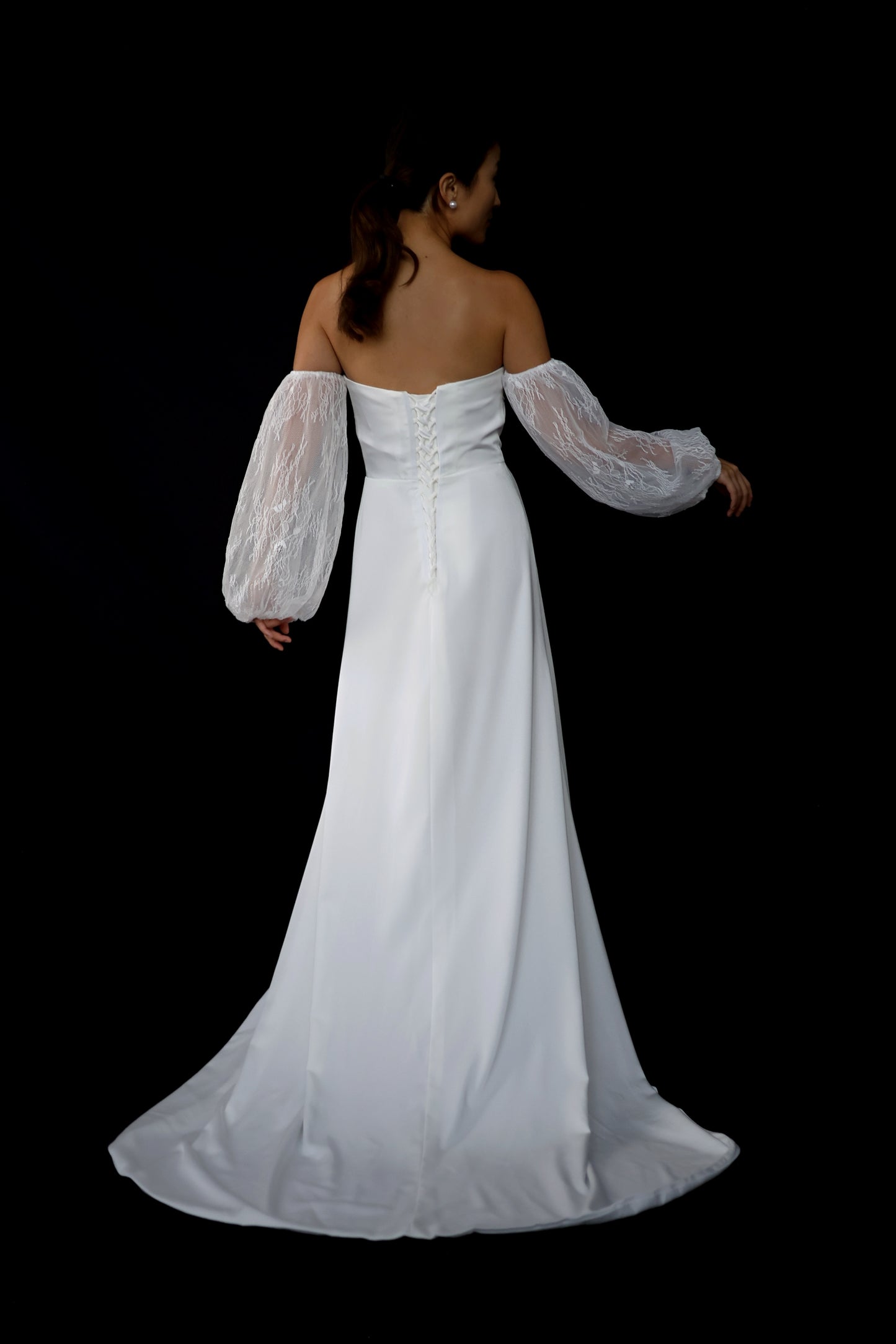 Keyle Bohemian Strapless Crepe Mini A-Line Column Wedding Dress with Lace Puffy Long Sleeves | Bone and Grey Bridal | Affordable Minimal Simple Bridal Gowns Online Canada USA Singapore