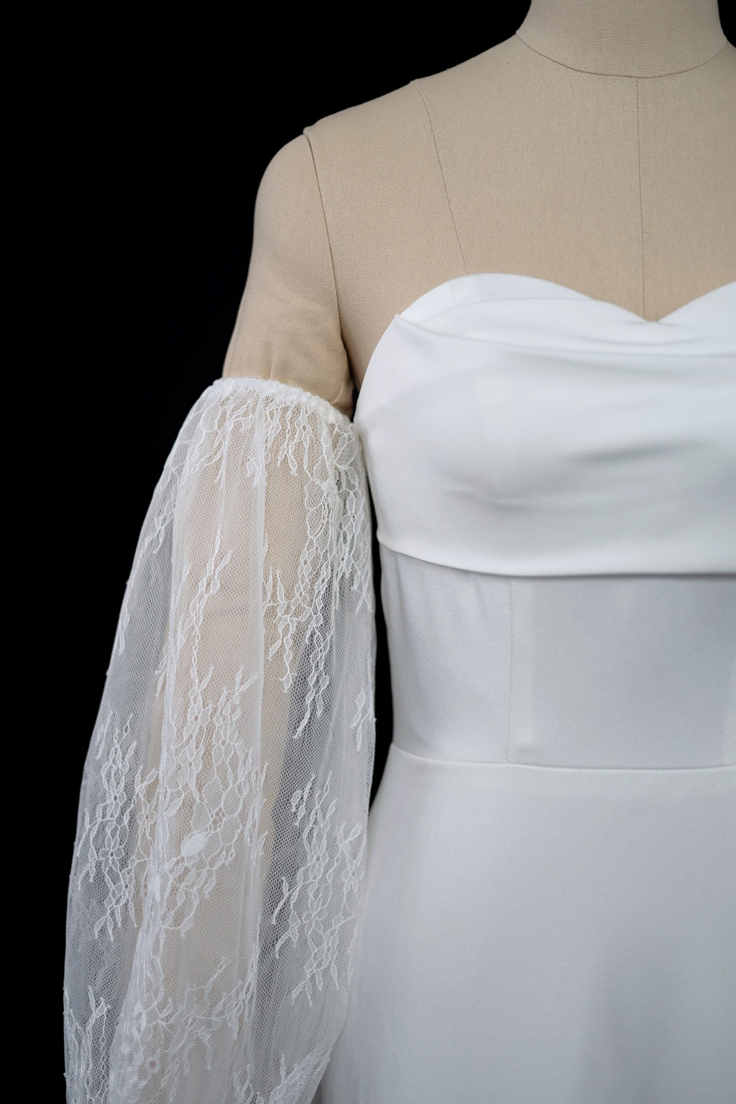 Keyle Bohemian Strapless Crepe Mini A-Line Column Wedding Dress with Lace Puffy Long Sleeves | Bone and Grey Bridal | Affordable Minimal Simple Bridal Gowns Online Canada USA Singapore