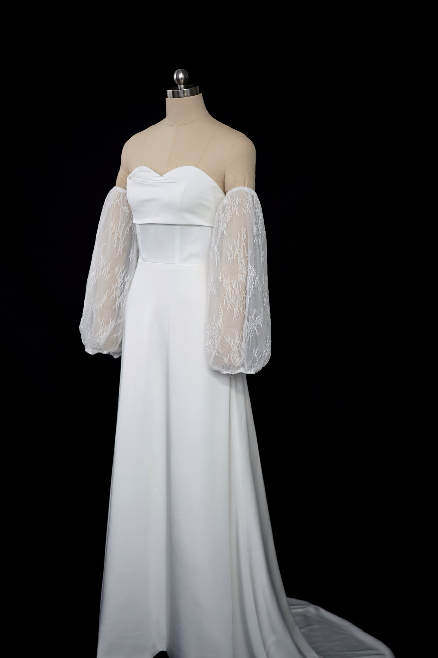 Keyle Bohemian Strapless Crepe Mini A-Line Column Wedding Dress with Lace Puffy Long Sleeves | Bone and Grey Bridal | Affordable Minimal Simple Bridal Gowns Online Canada USA Singapore