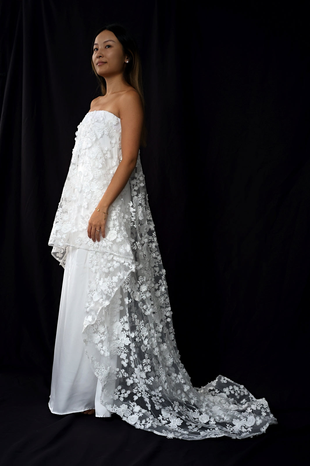 wedding dresses white and silver Layla Strapless Satin Column Wedding Dress with Lace Train | Bone and Grey Bridal