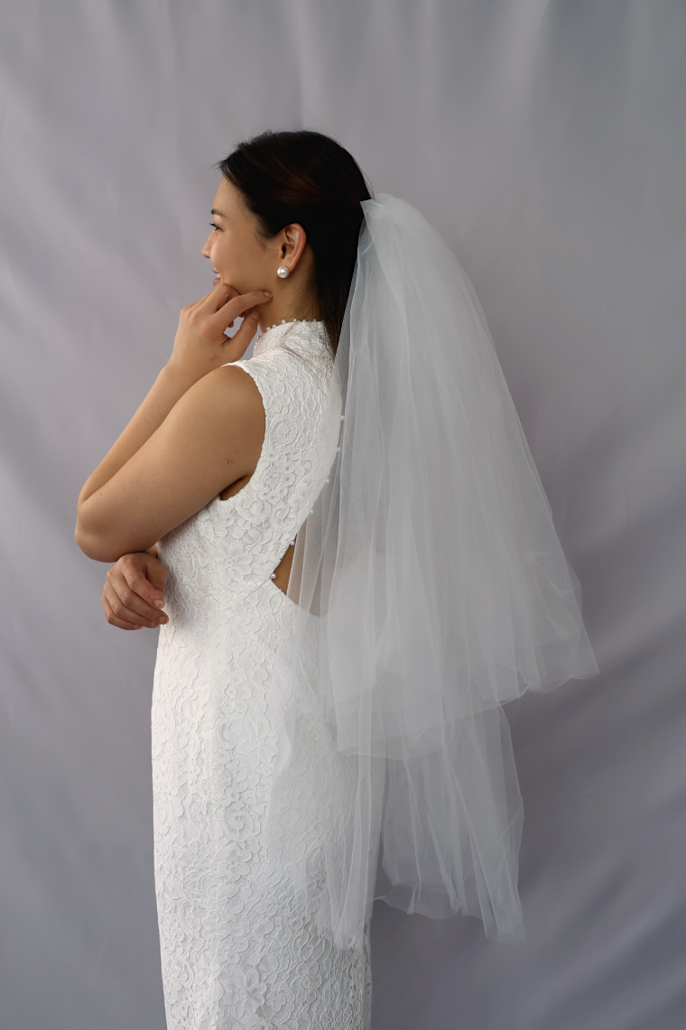 Sadie Two-Tiered Tulle Veil at Waist Length | Bone and Grey Bridal Accessories | Wedding Veils Online Singapore Canada US Fast-Shipping Veils for Brides