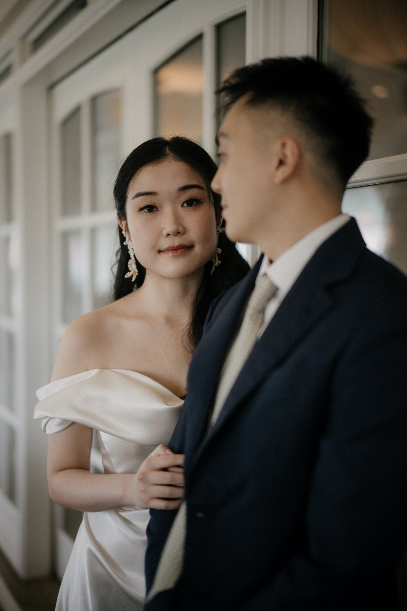 Sloane Off-the-Shoulder Ivory Satin A-Line Wedding Dress with Pockets | Bone and Grey Bridal | Affordable Minimal Wedding Dresses Online Canada USA Singapore