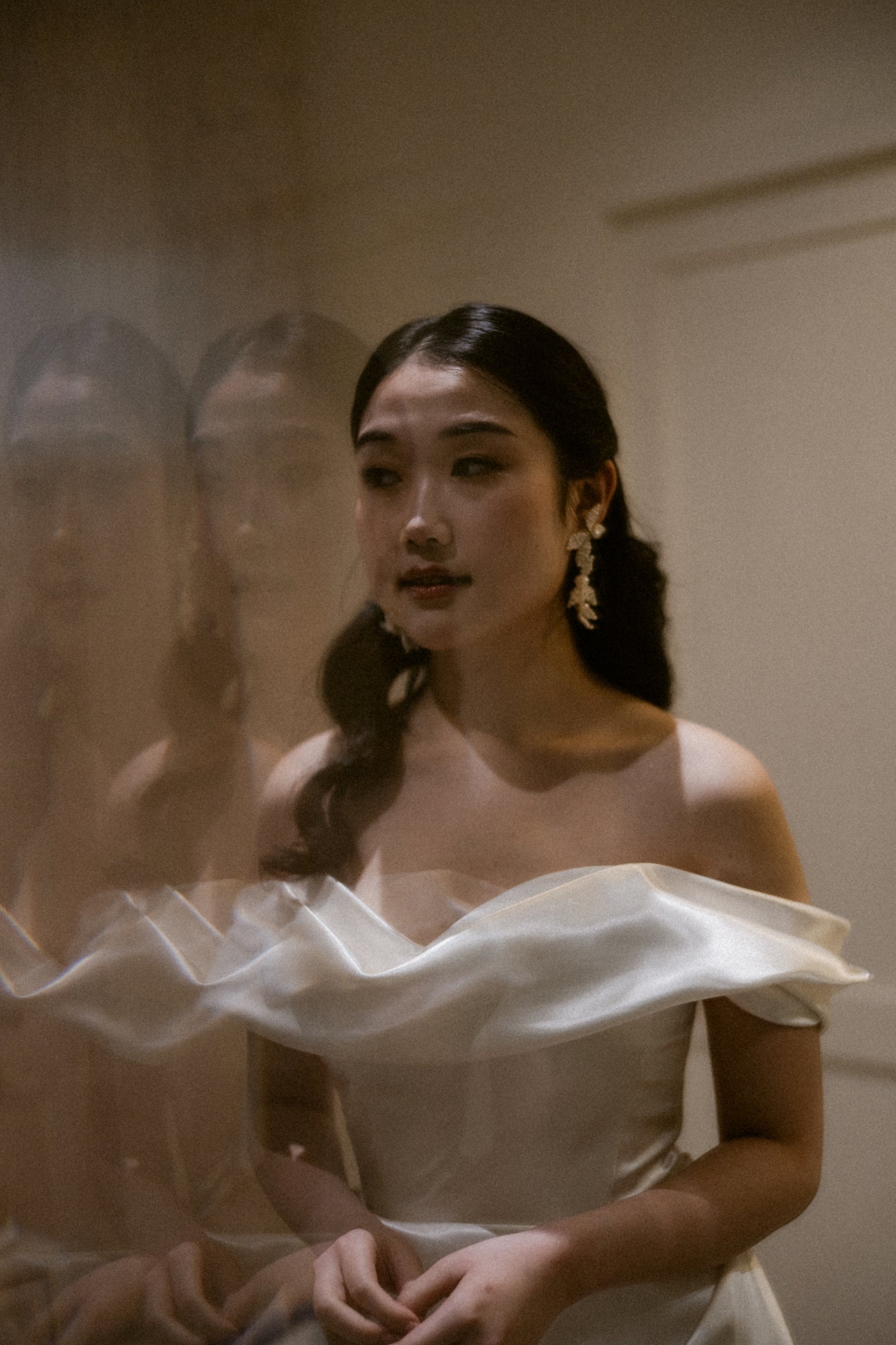 Sloane Off-the-Shoulder Ivory Satin A-Line Wedding Dress with Pockets | Bone and Grey Bridal | Affordable Minimal Wedding Dresses Online Canada USA Singapore