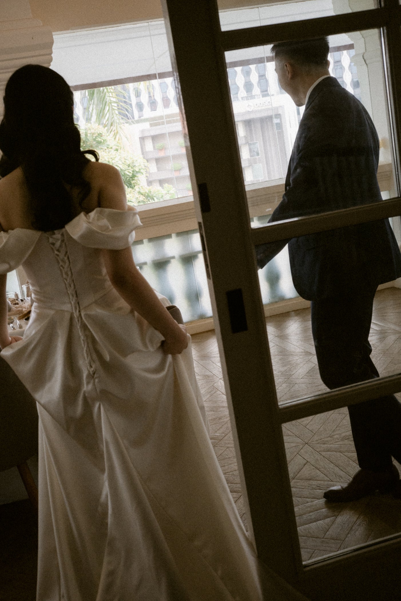 Sloane Off-the-Shoulder Ivory Satin A-Line Wedding Dress with Pockets | Bone and Grey Bridal | Affordable Minimal Wedding Dresses Online Canada USA Singapore