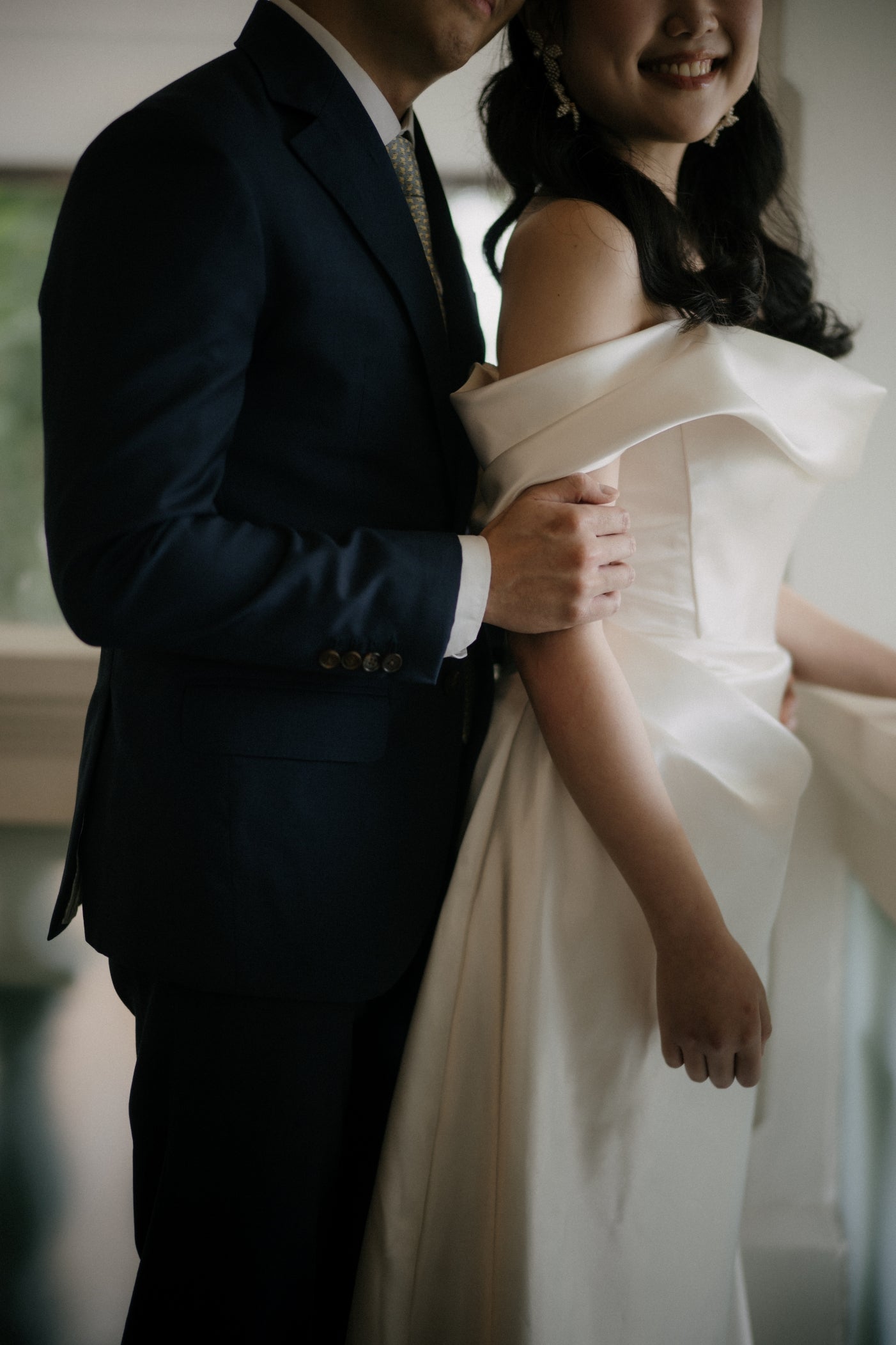 Sloane Off-the-Shoulder Ivory Satin A-Line Wedding Dress with Pockets | Bone and Grey Bridal | Affordable Minimal Wedding Dresses Online Canada USA Singapore