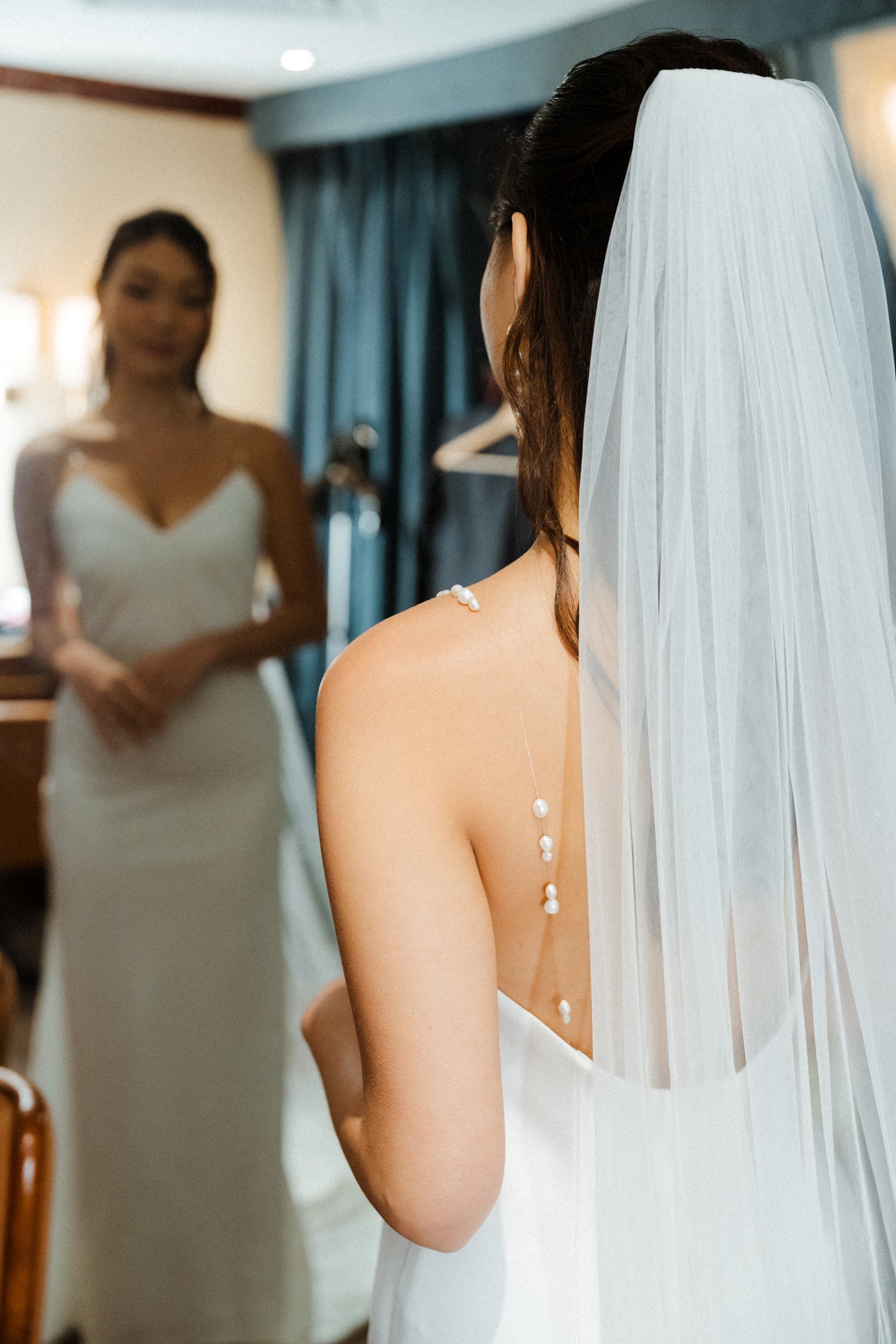 Sora 2.0 Freshwater Pearl Straps Crepe Column Wedding Dress | Bone and Grey Bridal | Affordable Minimal Simple Bridal Gowns Online Canada USA Singapore