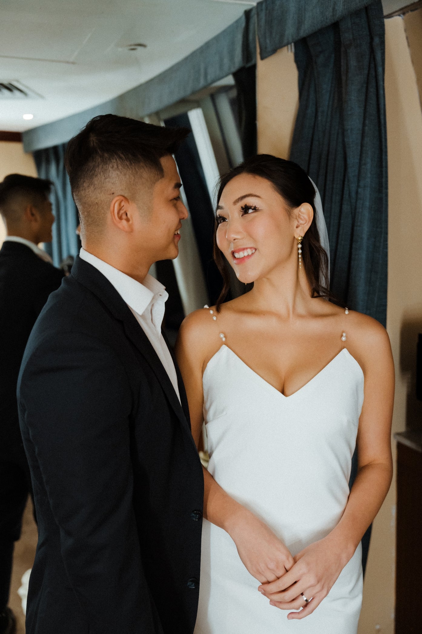 Sora 2.0 Freshwater Pearl Straps Crepe Column Wedding Dress | Bone and Grey Bridal | Affordable Minimal Simple Bridal Gowns Online Canada USA Singapore