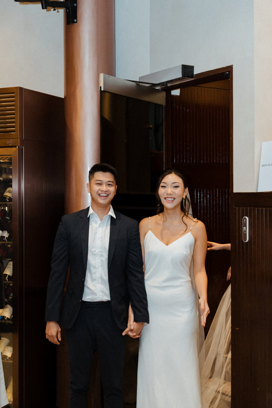Sora 2.0 Freshwater Pearl Straps Crepe Column Wedding Dress | Bone and Grey Bridal | Affordable Minimal Simple Bridal Gowns Online Canada USA Singapore
