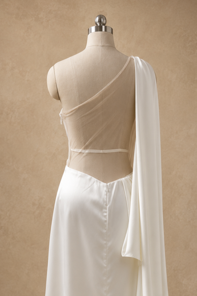 Tara One-Shoulder Champagne Satin Drape Wedding Dress Open Back Thigh Slit | Bone and Grey Bridal | Affordable Simple Bridal Gowns Online Canada USA Singapore