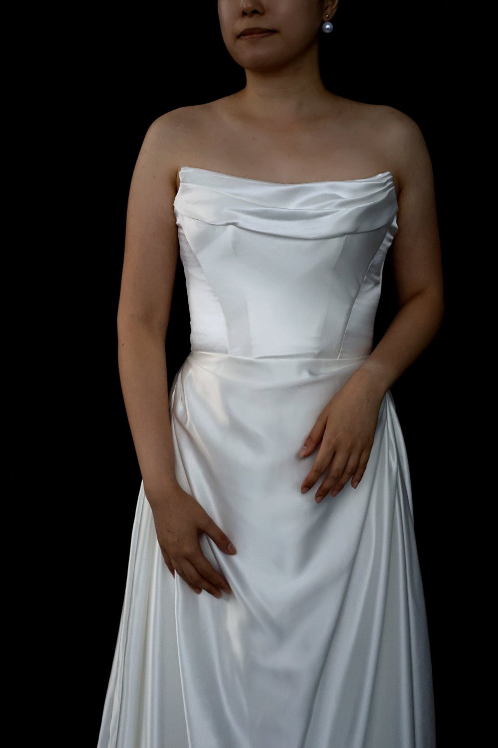Wynter Strapless Satin A-Line Wedding Dress with Chiffon Train | Bone and Grey Bridal | Affordable minimal wedding dresses online Canada Singapore USA