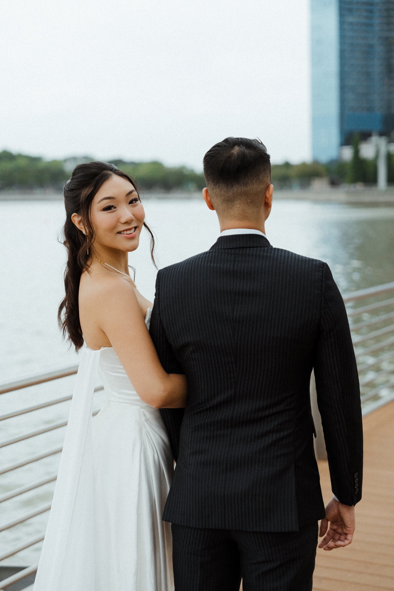 Wynter Strapless Satin A-Line Wedding Dress with Chiffon Train | Bone and Grey Bridal | Affordable minimal wedding dresses online Canada Singapore USA