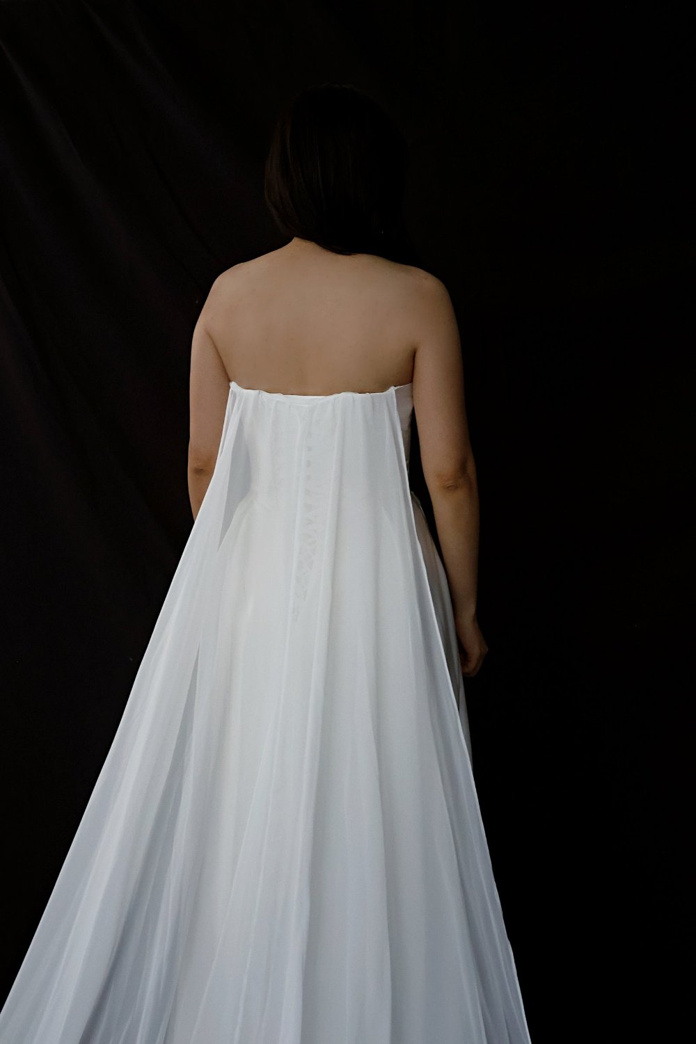 Wynter Strapless Satin A-Line Wedding Dress with Chiffon Train | Bone and Grey Bridal | Affordable minimal wedding dresses online Canada Singapore USA