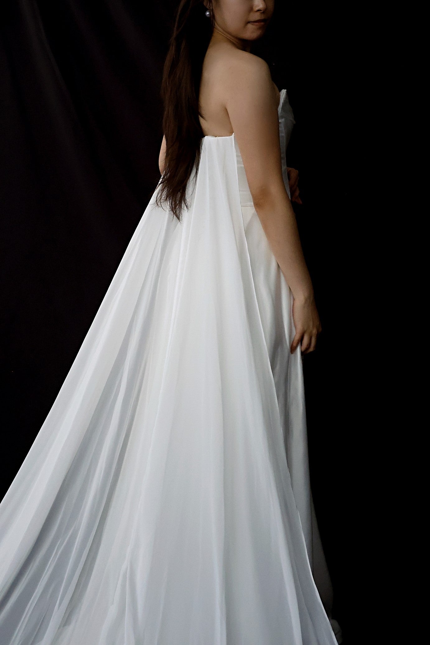 Wynter Strapless Satin A-Line Wedding Dress with Chiffon Train | Bone and Grey Bridal | Affordable minimal wedding dresses online Canada Singapore USA