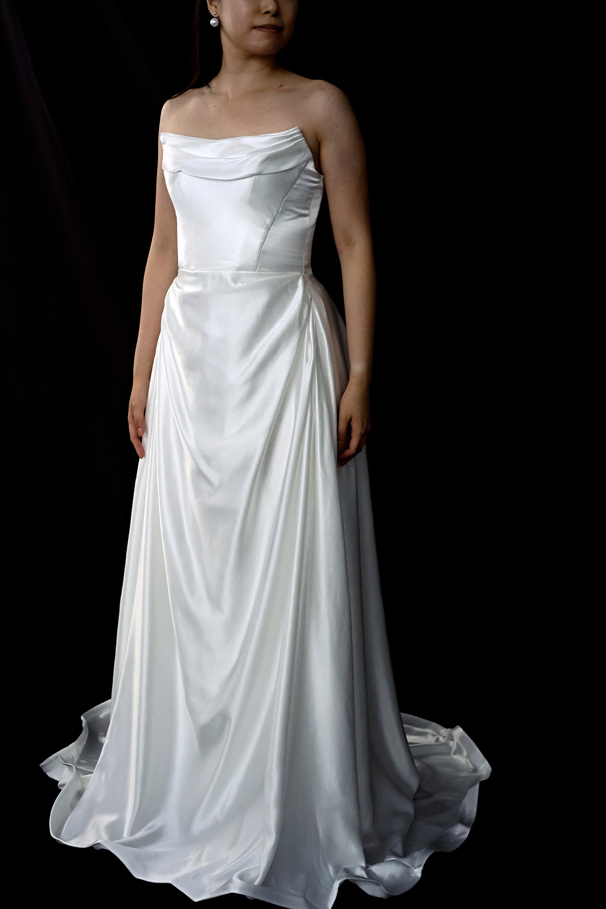 Wynter Strapless Satin A-Line Wedding Dress with Chiffon Train | Bone and Grey Bridal | Affordable minimal wedding dresses online Canada Singapore USA