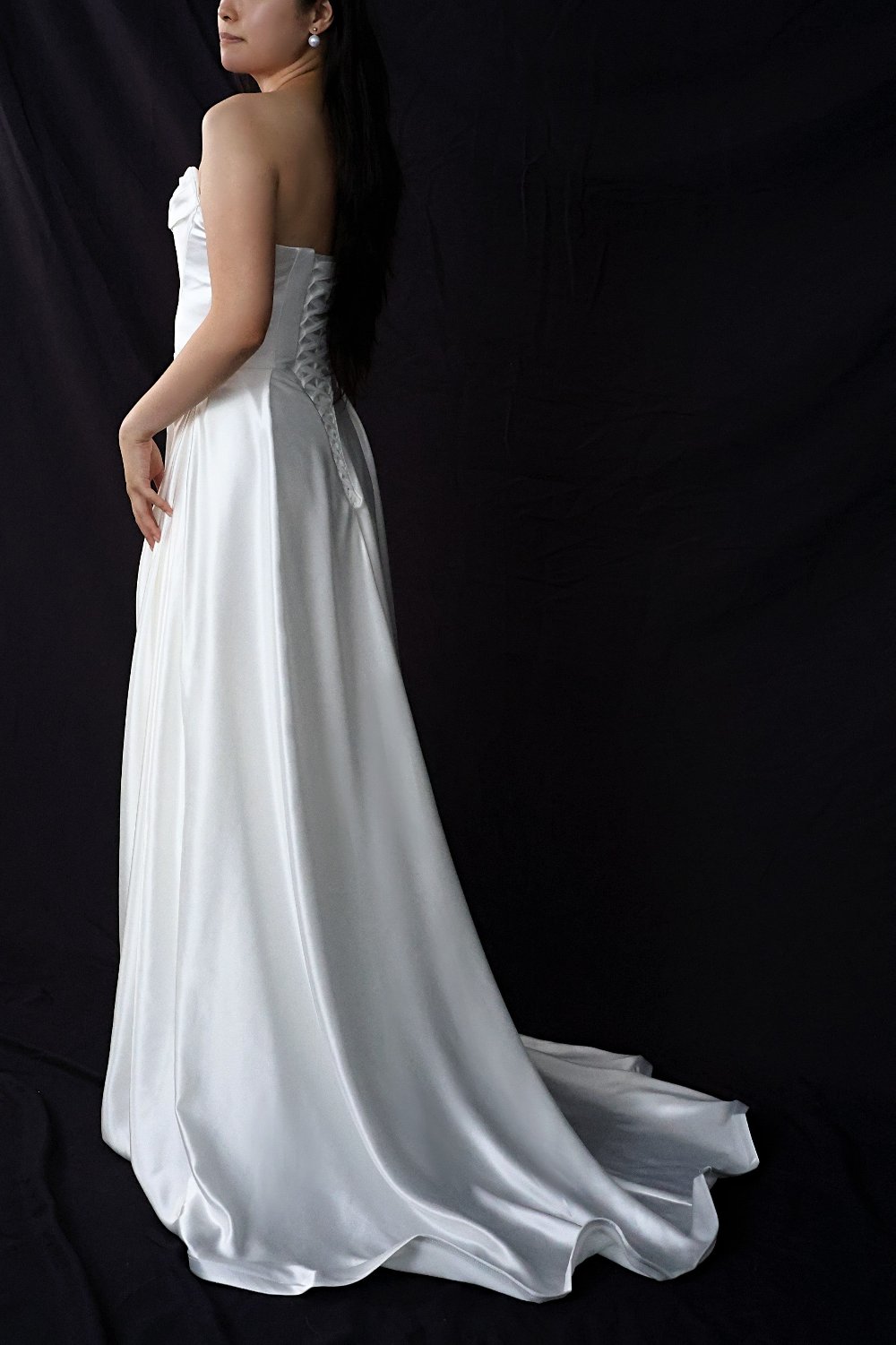 Wynter Strapless Satin A-Line Wedding Dress with Chiffon Train | Bone and Grey Bridal | Affordable minimal wedding dresses online Canada Singapore USA