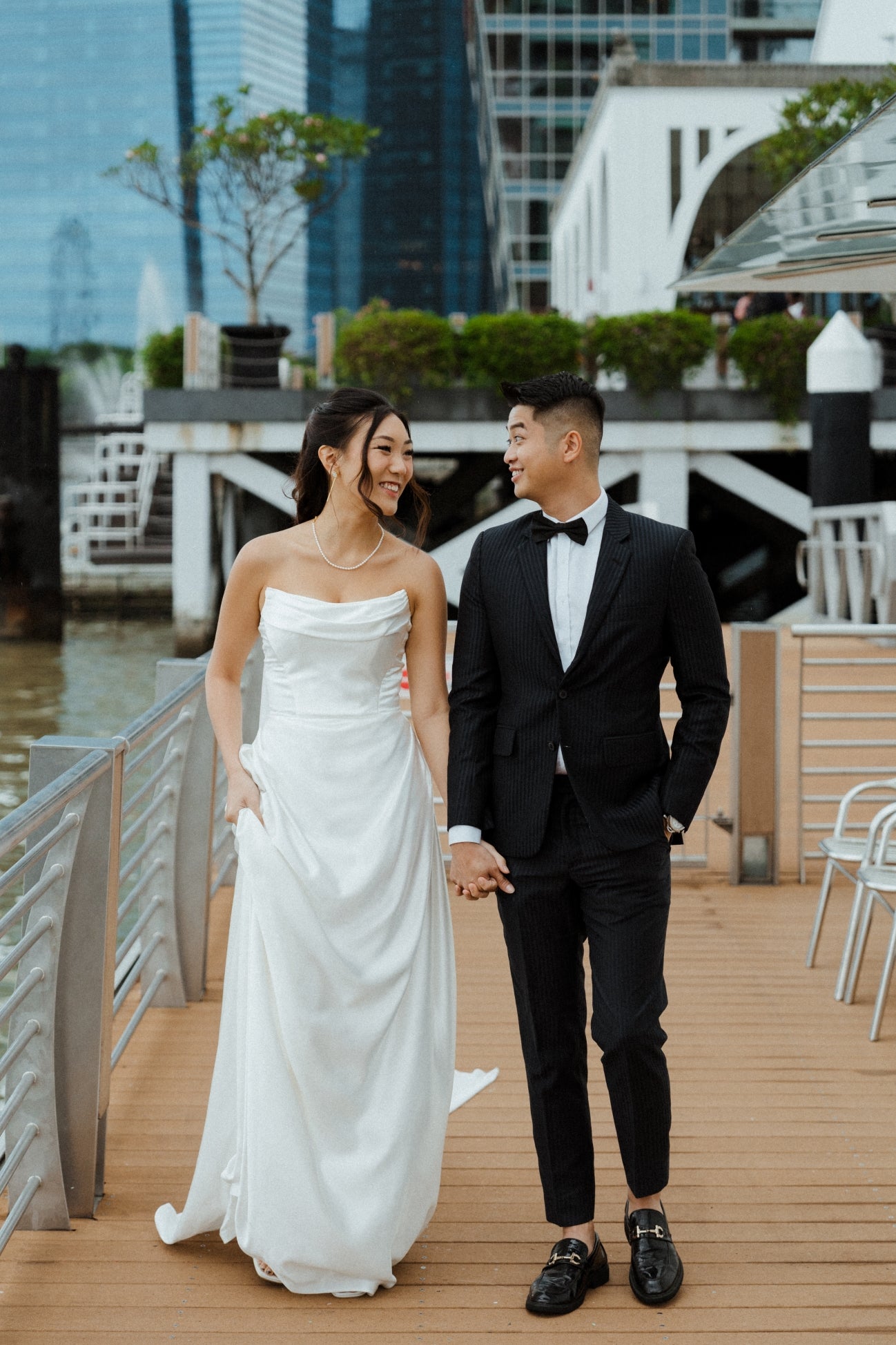 Wynter Strapless Satin A-Line Wedding Dress with Chiffon Train | Bone and Grey Bridal | Affordable minimal wedding dresses online Canada Singapore USA