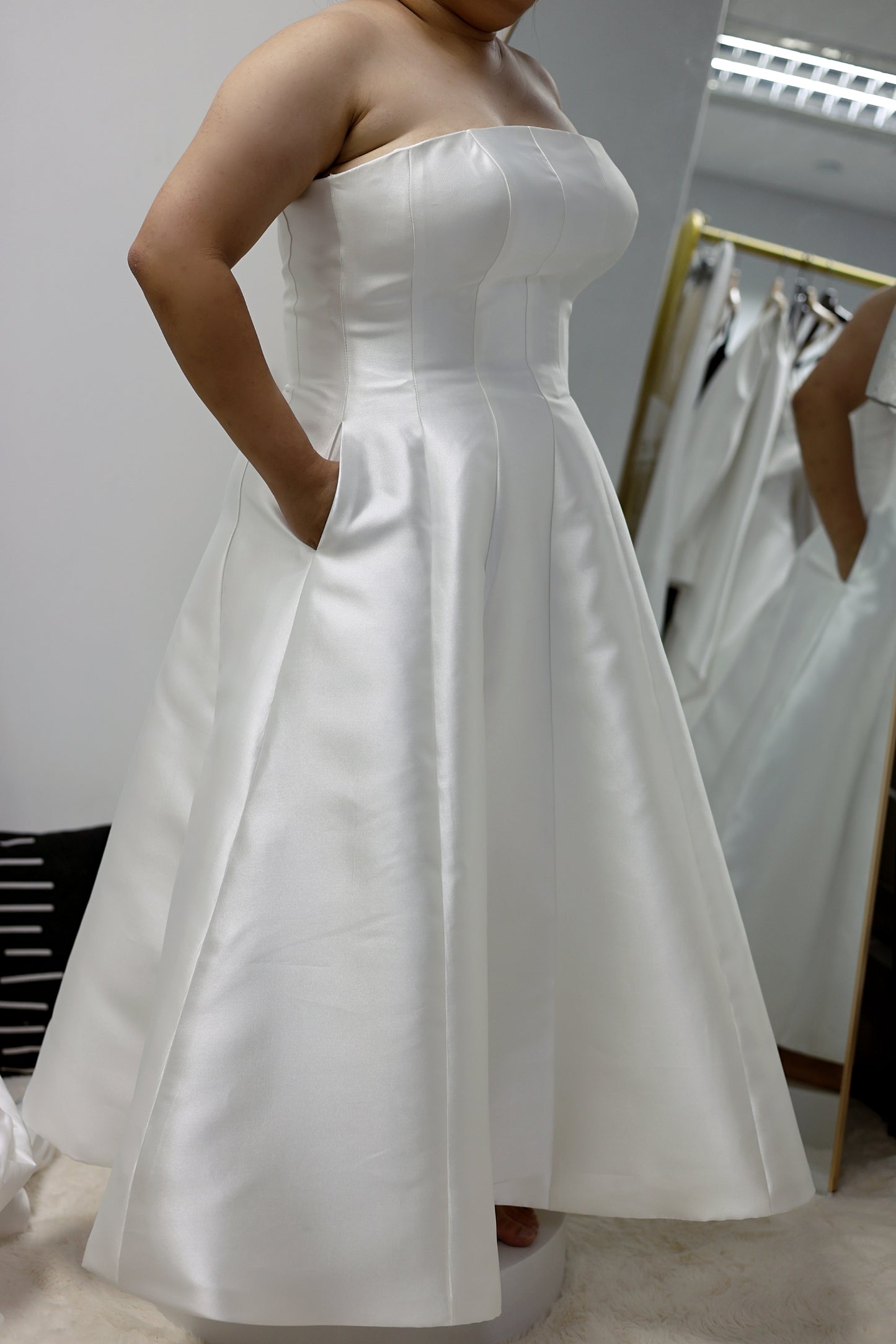 Aisha Strapless Straight Neckline A-Line Mikado Wedding Dress | Bone and Grey Bridal | Affordable Minimal Simple Bridal Gowns Online Canada USA Singapore