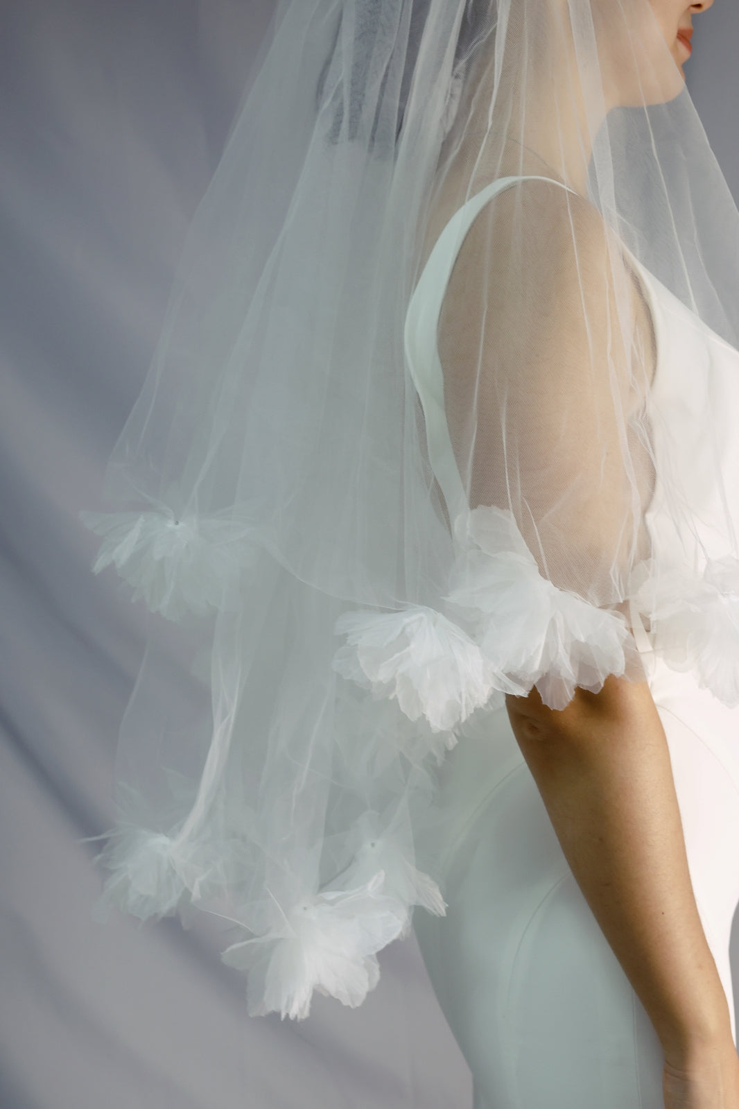 Blossom 3D Floral Applique Elbow Tulle Veil | Bone and Grey Bridal Accessories | Wedding Veils Online Singapore Canada US Fast-Shipping Veils for Brides