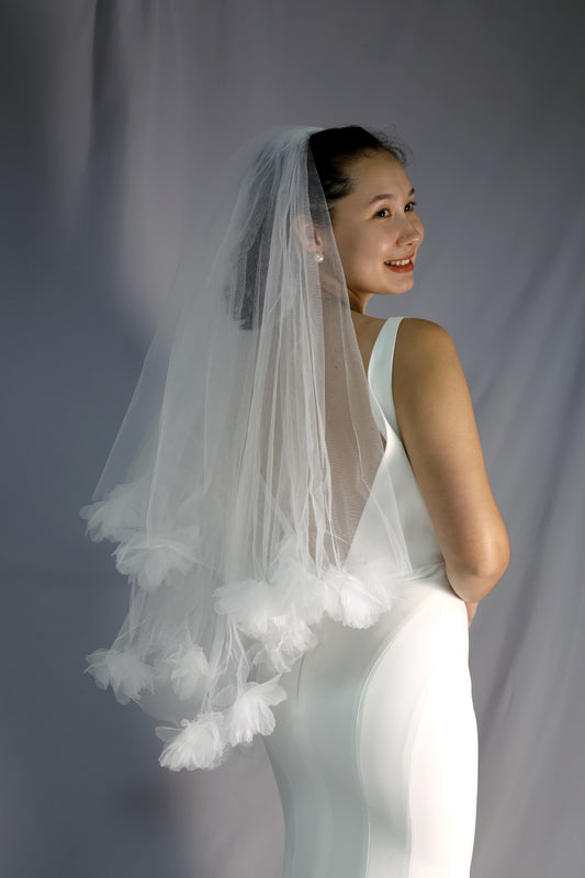 Blossom 3D Floral Applique Elbow Tulle Veil | Bone and Grey Bridal Accessories | Wedding Veils Online Singapore Canada US Fast-Shipping Veils for Brides