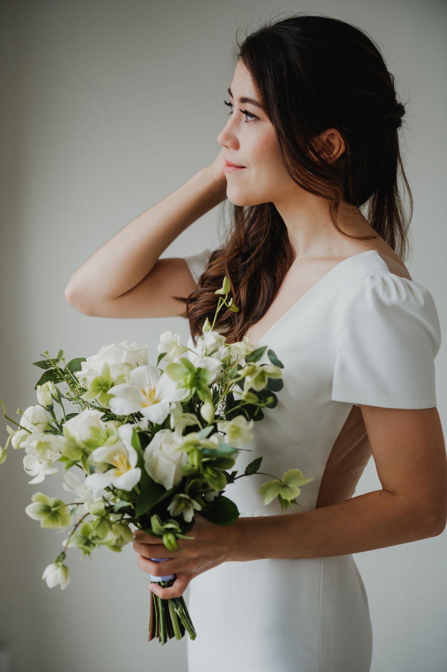 Yvette Plunging V-neck Short Cap Sleeves Column Wedding Dress | Low V back with Nude Mesh Column Sheath Skirt | Bone and Grey Bridal | Minimal wedding dresses online Canada Singapore USA