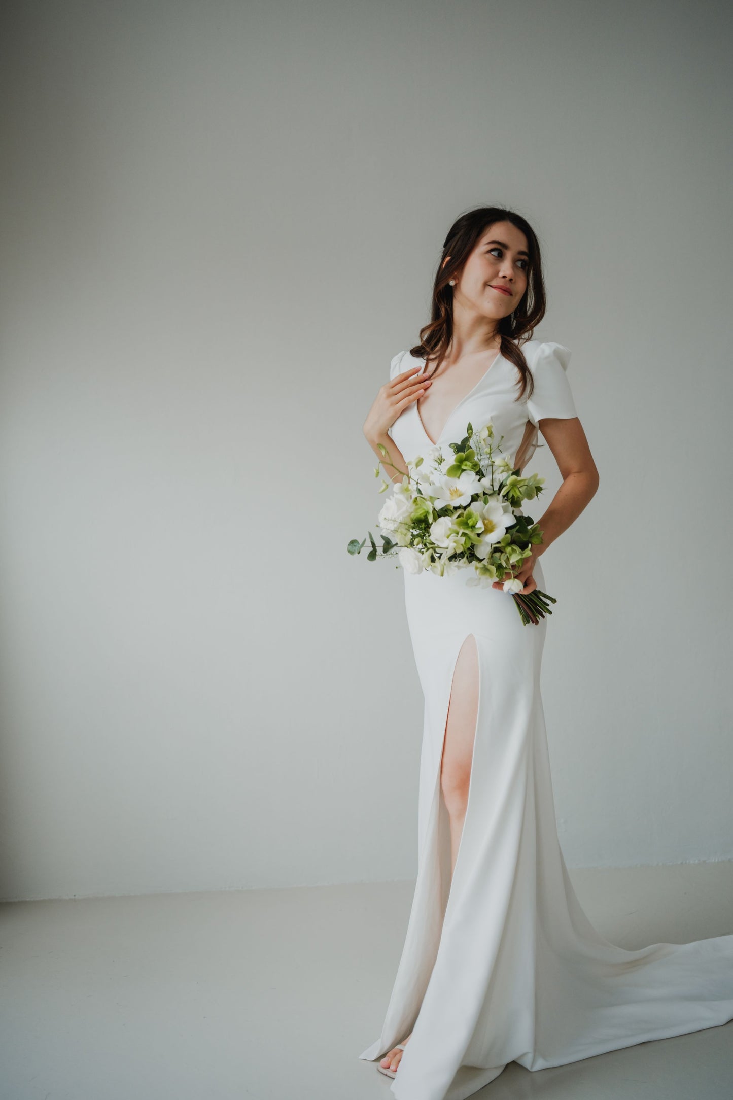 Yvette Plunging V-neck Short Cap Sleeves Column Wedding Dress | Low V back with Nude Mesh Column Sheath Skirt | Bone and Grey Bridal | Minimal wedding dresses online Canada Singapore USA