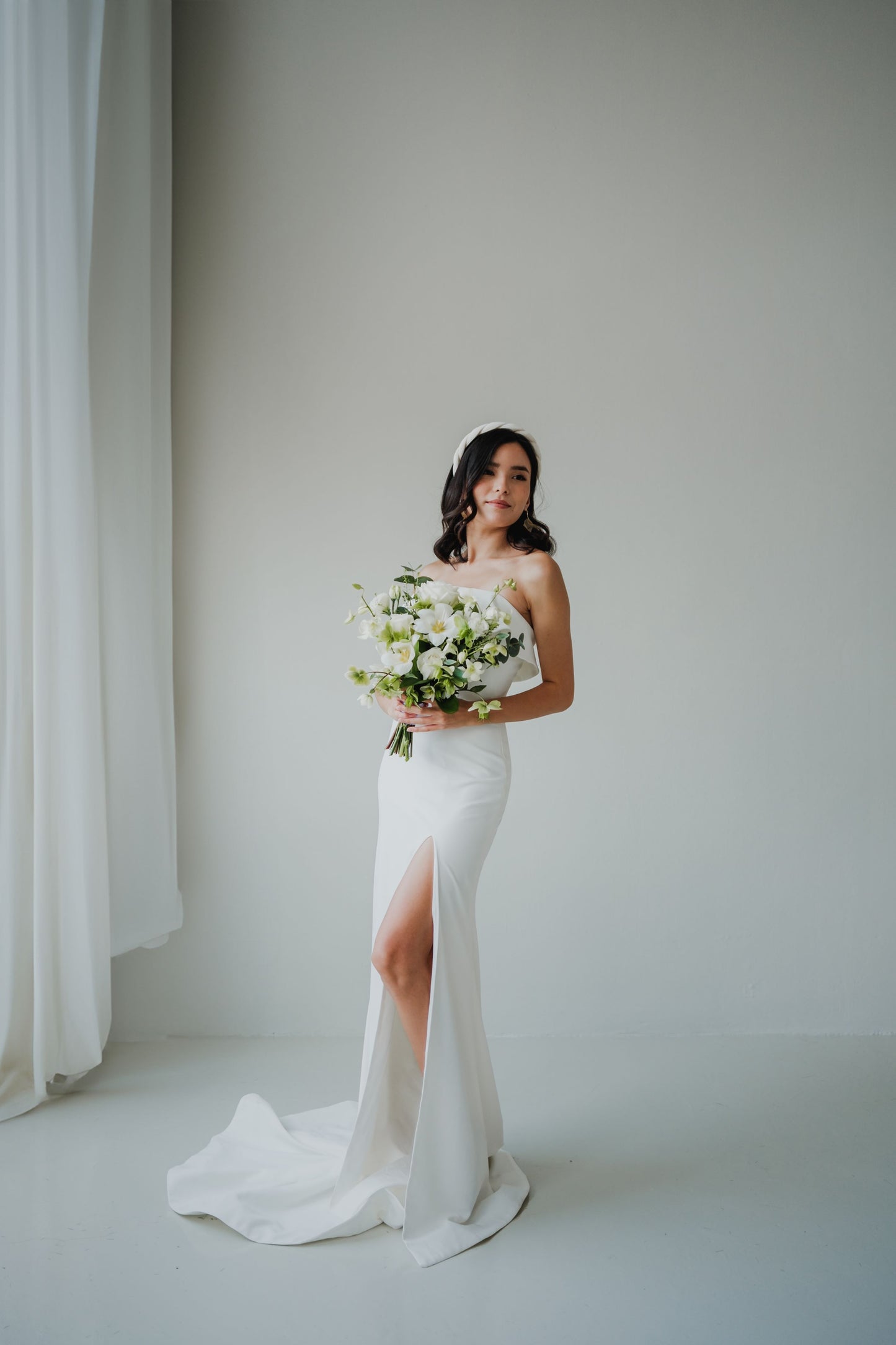 Olivia Frilly Strapless Crepe Minimal Wedding Dress | Column Sheath Skirt with Slit | Bone and Grey Bridal | Minimal wedding dresses online Canada Singapore USA