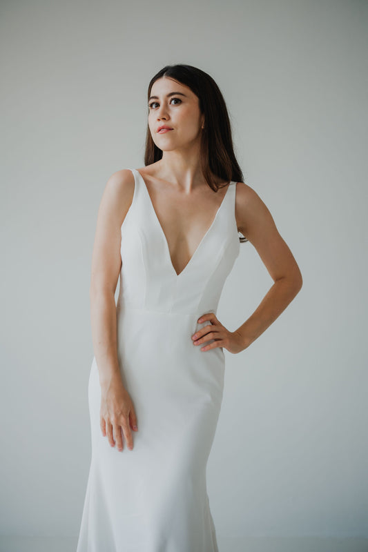 Michelle Plunging V-neck Minimal Wedding Dress | Spaghetti strap back with Fit n' Flare/Trumpet Skirt | Bone and Grey Bridal | Minimal wedding dresses online Canada Singapore USA