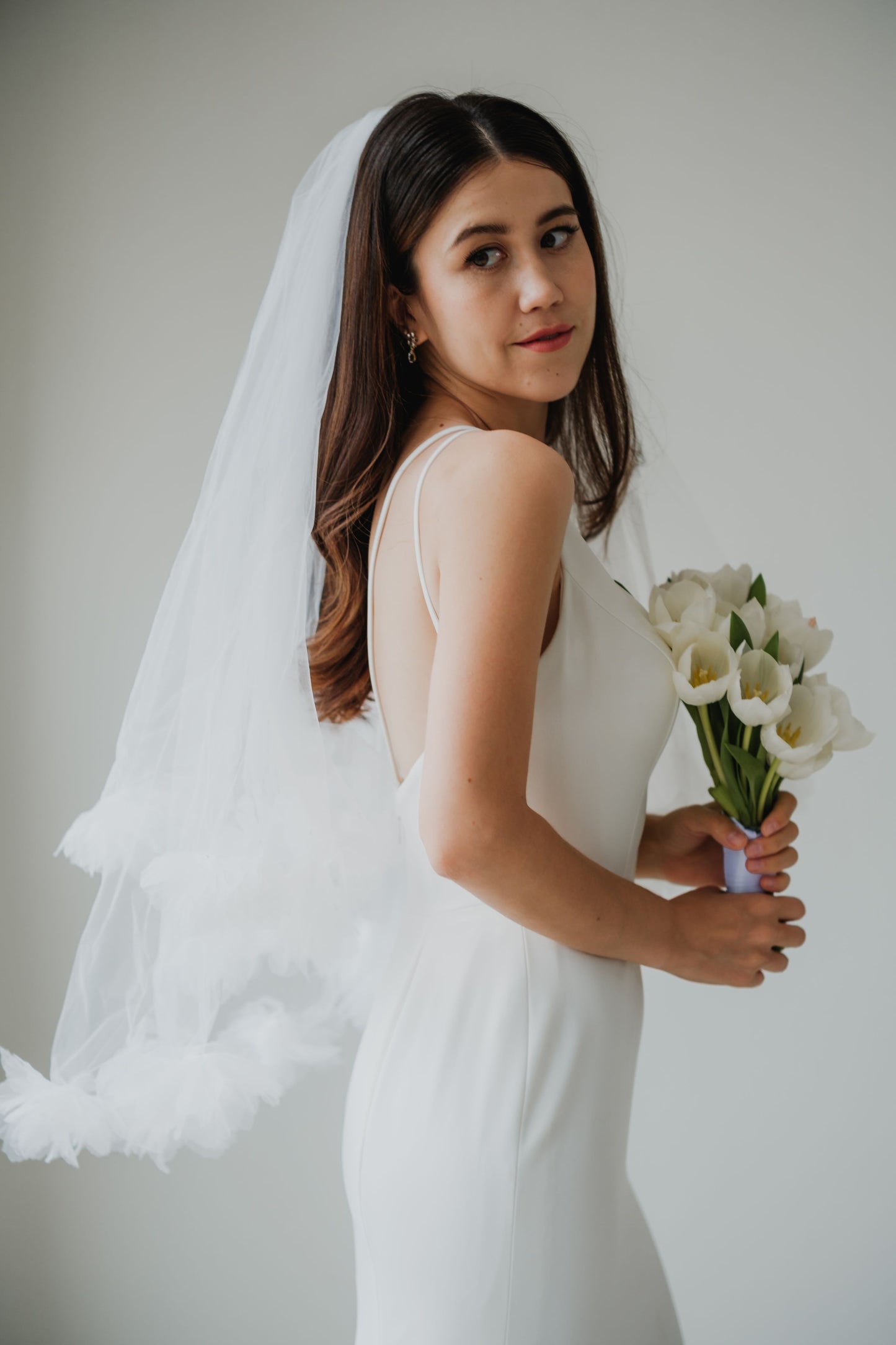 Blossom 3D Floral Applique Elbow Tulle Veil | Bone and Grey Bridal Accessories | Wedding Veils Online Singapore Canada US Fast-Shipping Veils for Brides