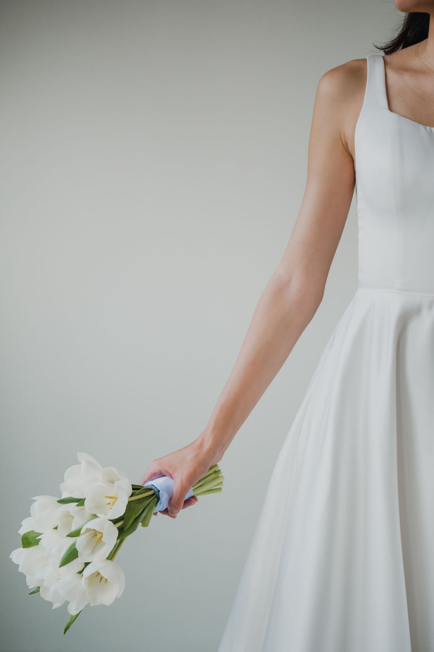Diana Square Neck A-line Satin Minimal Wedding Dress | Low UV back with Nude Mesh Cutouts and Pocket | Bone & Grey Bridal