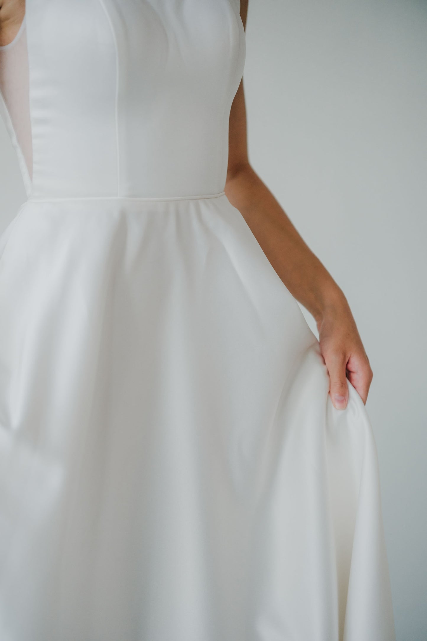 Diana Square Neck A-line Satin Minimal Wedding Dress | Low UV back with Nude Mesh Cutouts and Pocket | Bone & Grey Bridal