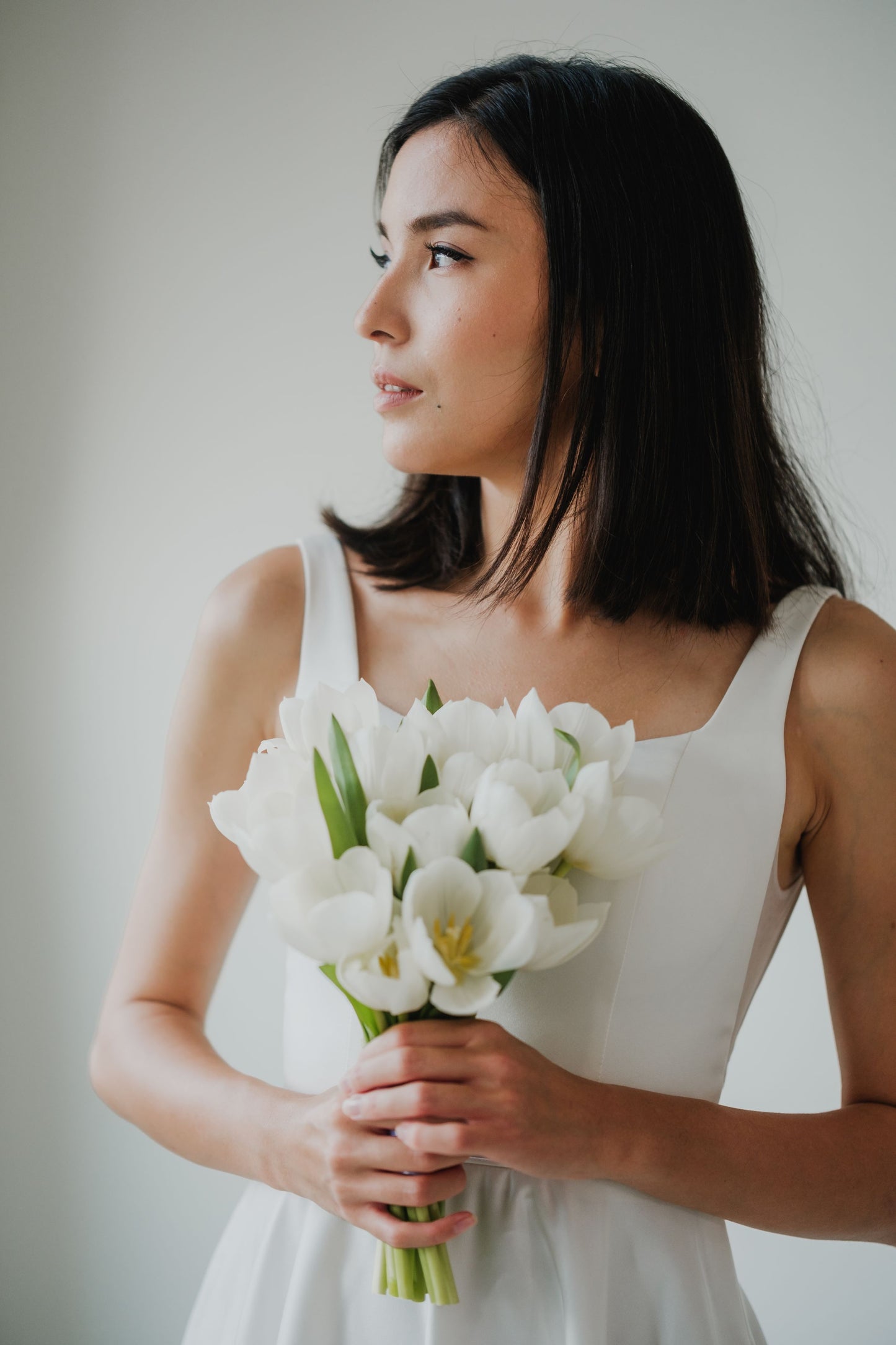 Diana Square Neck A-line Satin Minimal Wedding Dress | Low UV back with Nude Mesh Cutouts and Pocket | Bone & Grey Bridal