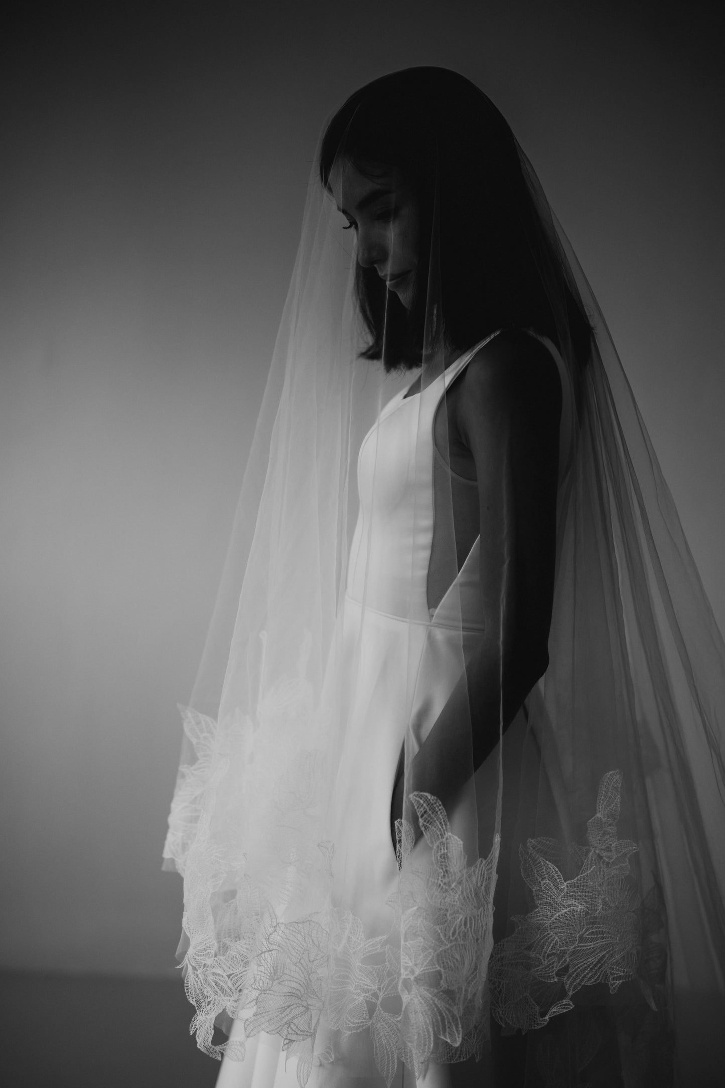 Everdeen Floral Edge Embroidery Tulle Cathedral Veil | Bone and Grey Bridal Accessories
