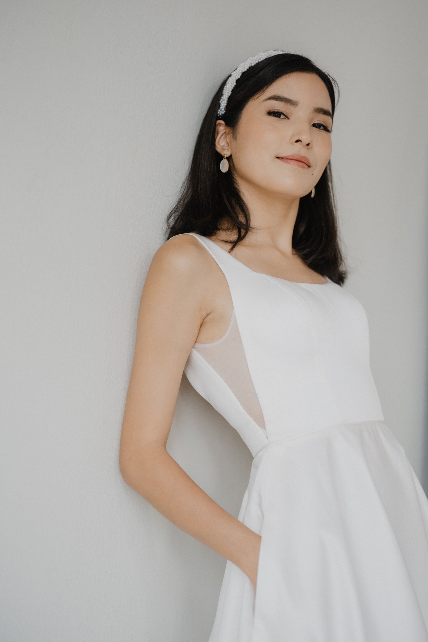 Diana Square Neck A-line Satin Minimal Wedding Dress | Low UV back with Nude Mesh Cutouts and Pocket | Bone & Grey Bridal