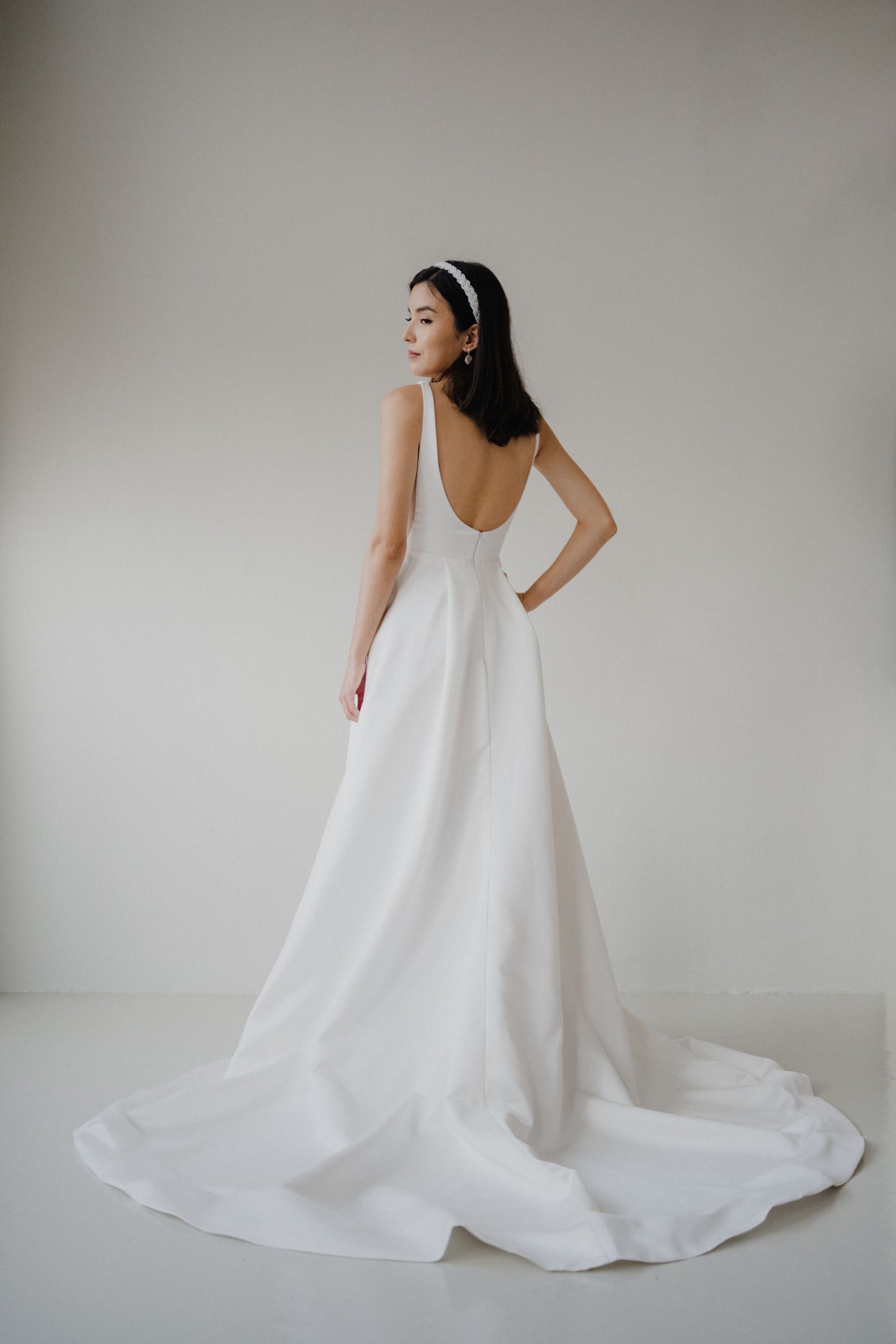 Diana Square Neck A-line Satin Minimal Wedding Dress | Low UV back with Nude Mesh Cutouts and Pocket | Bone & Grey Bridal