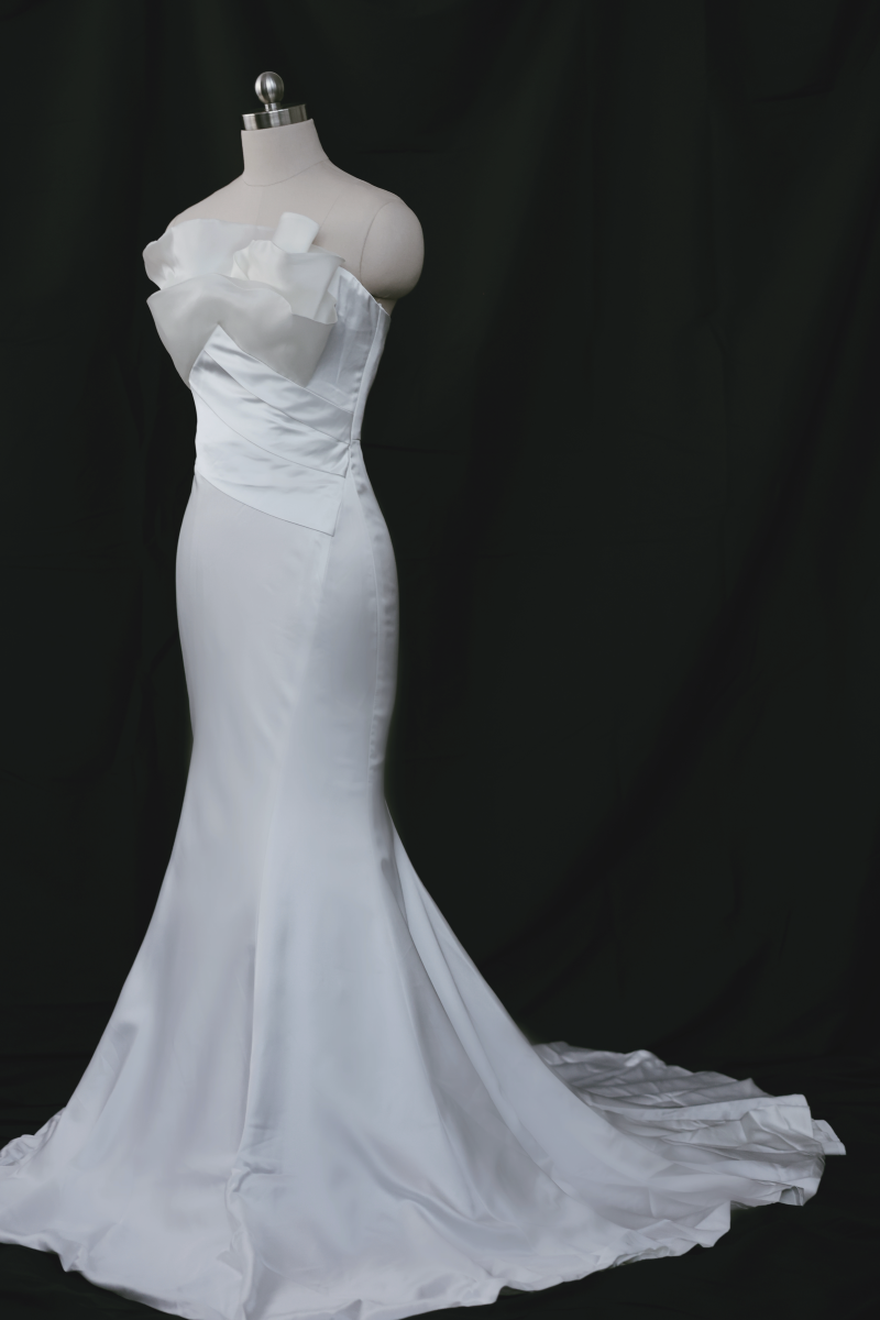 Vera Satin Trumpet Fit n Flare Wedding Dress with Organza | Bone and Grey Bridal | Affordable minimal wedding dresses online Canada Singapore USA
