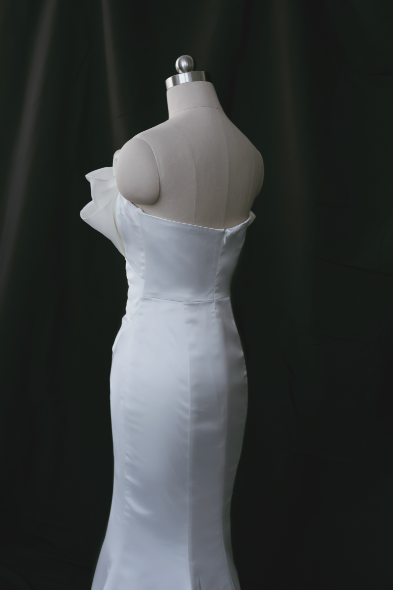 Vera Satin Trumpet Fit n Flare Wedding Dress with Organza | Bone and Grey Bridal | Affordable minimal wedding dresses online Canada Singapore USA