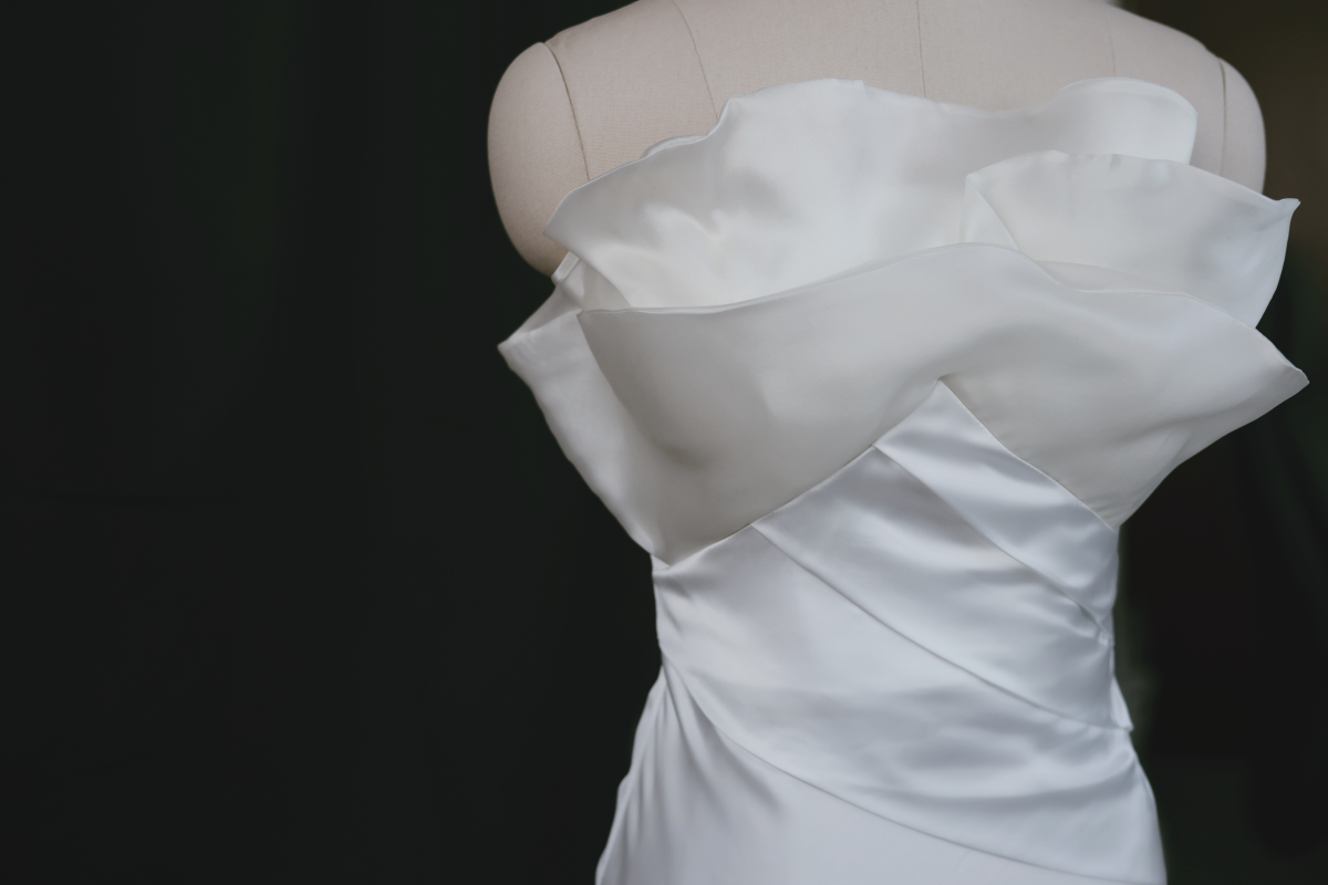 Vera Satin Trumpet Fit n Flare Wedding Dress with Organza | Bone and Grey Bridal | Affordable minimal wedding dresses online Canada Singapore USA