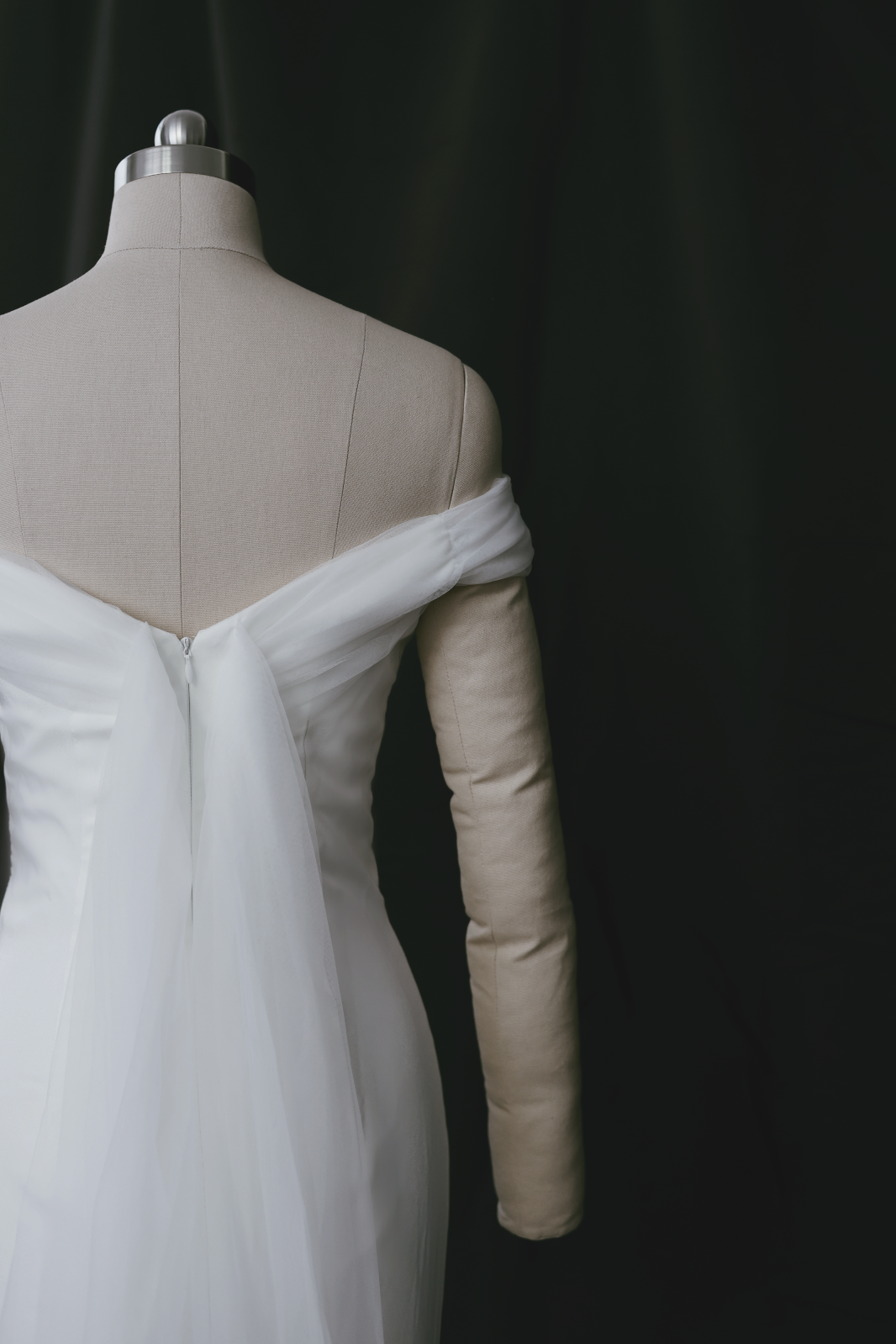 Mona Off-the-Shoulder Fit n' Flare Crepe Tulle Wedding Dress | Bone and Grey Bridal | Affordable minimal wedding dresses Canada Singapore USA