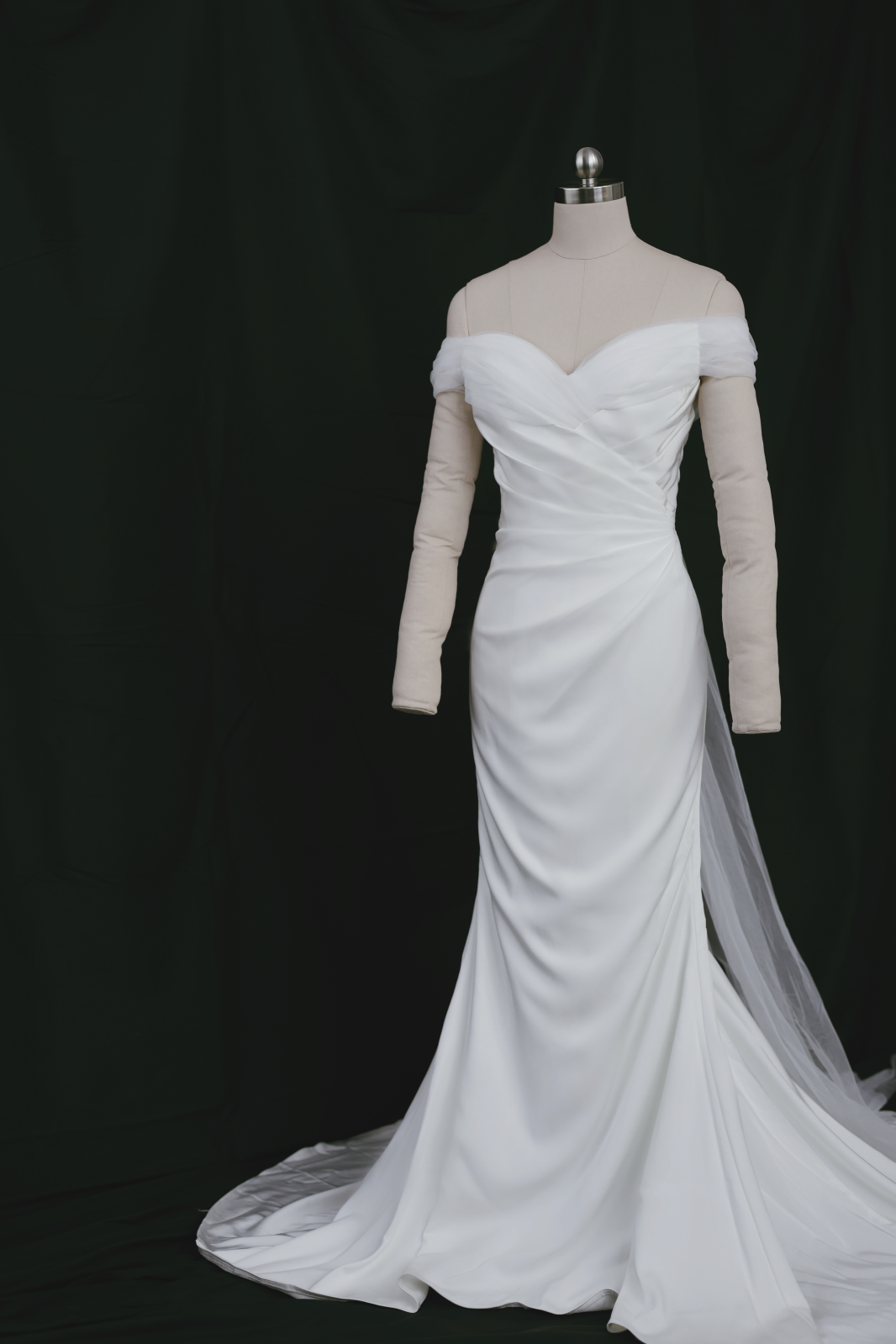 Mona Off-the-Shoulder Fit n' Flare Crepe Tulle Wedding Dress | Bone and Grey Bridal | Affordable minimal wedding dresses Canada Singapore USA