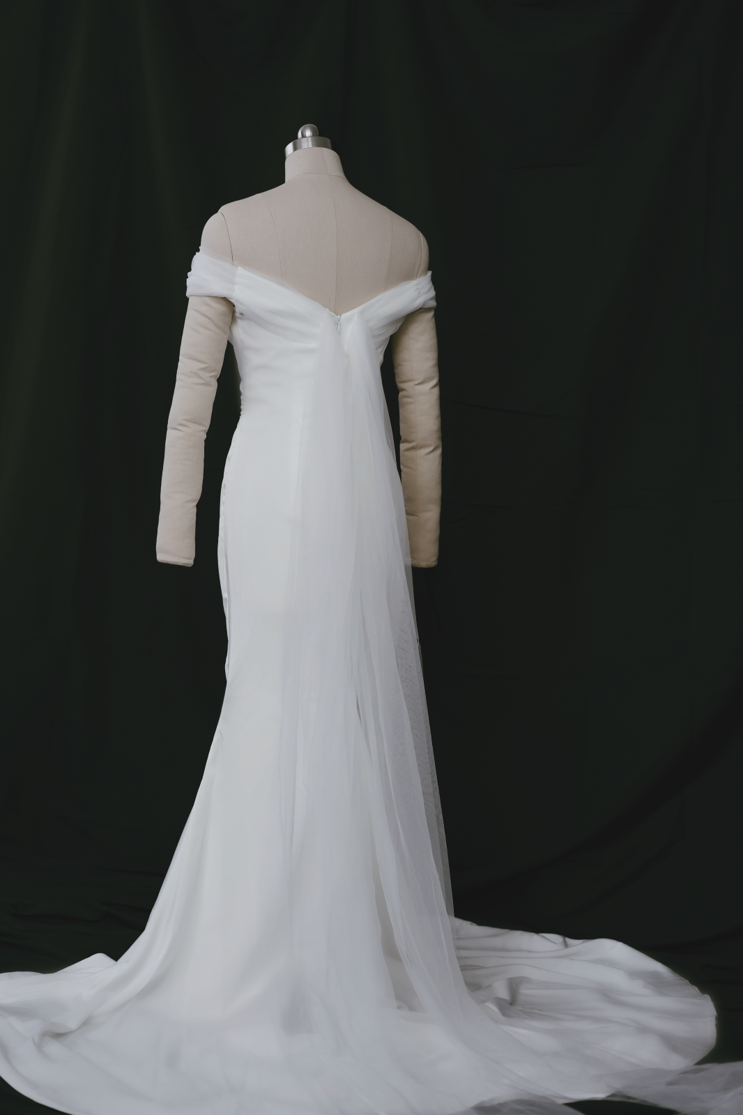 Mona Off-the-Shoulder Fit n' Flare Crepe Tulle Wedding Dress | Bone and Grey Bridal | Affordable minimal wedding dresses Canada Singapore USA