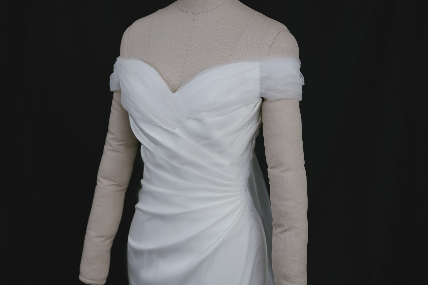 Mona Off-the-Shoulder Fit n' Flare Crepe Tulle Wedding Dress | Bone and Grey Bridal | Affordable minimal wedding dresses Canada Singapore USA